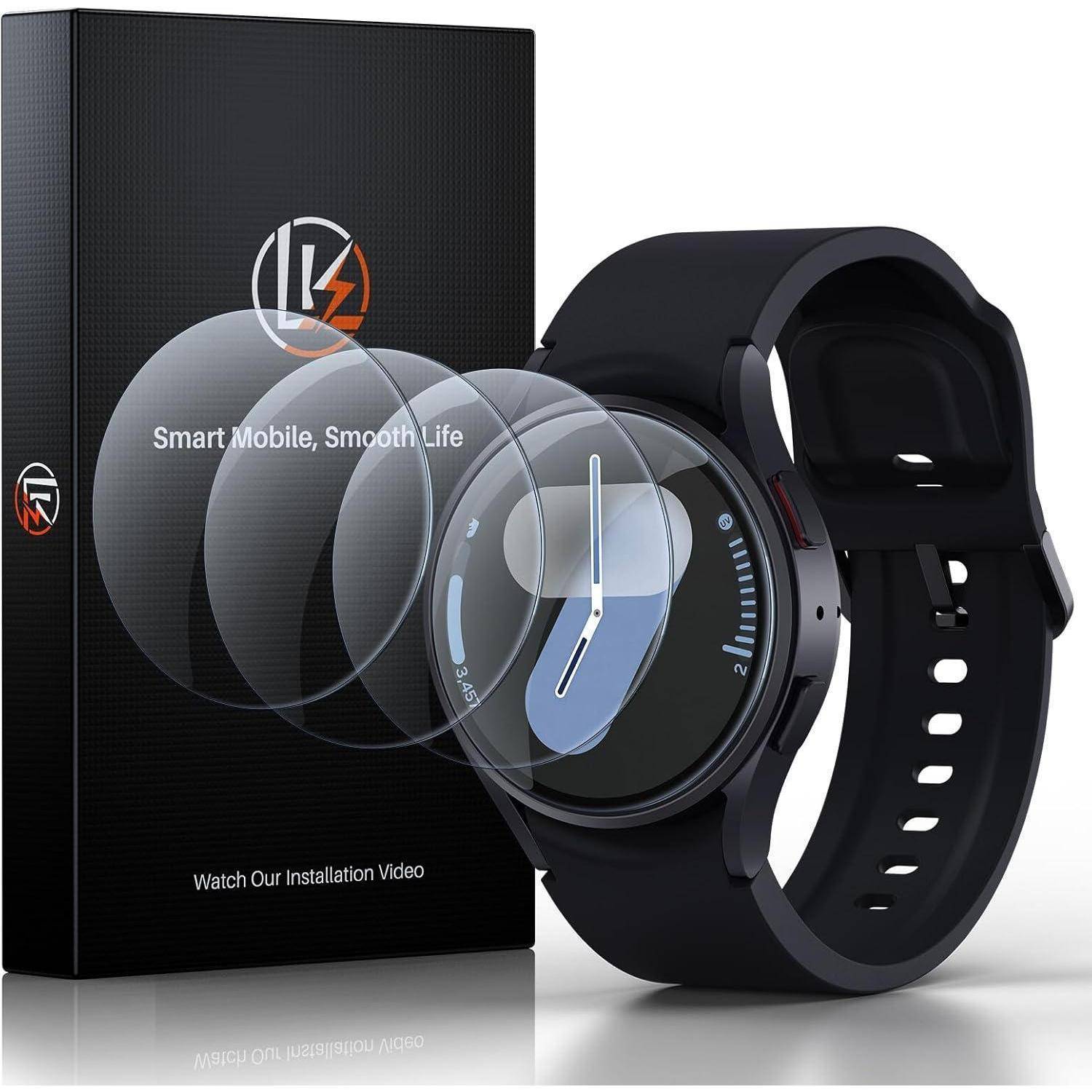 Eine Smartwatch mit elegantem Design wird neben ihrer schwarzen Verpackungsbox präsentiert, auf der 