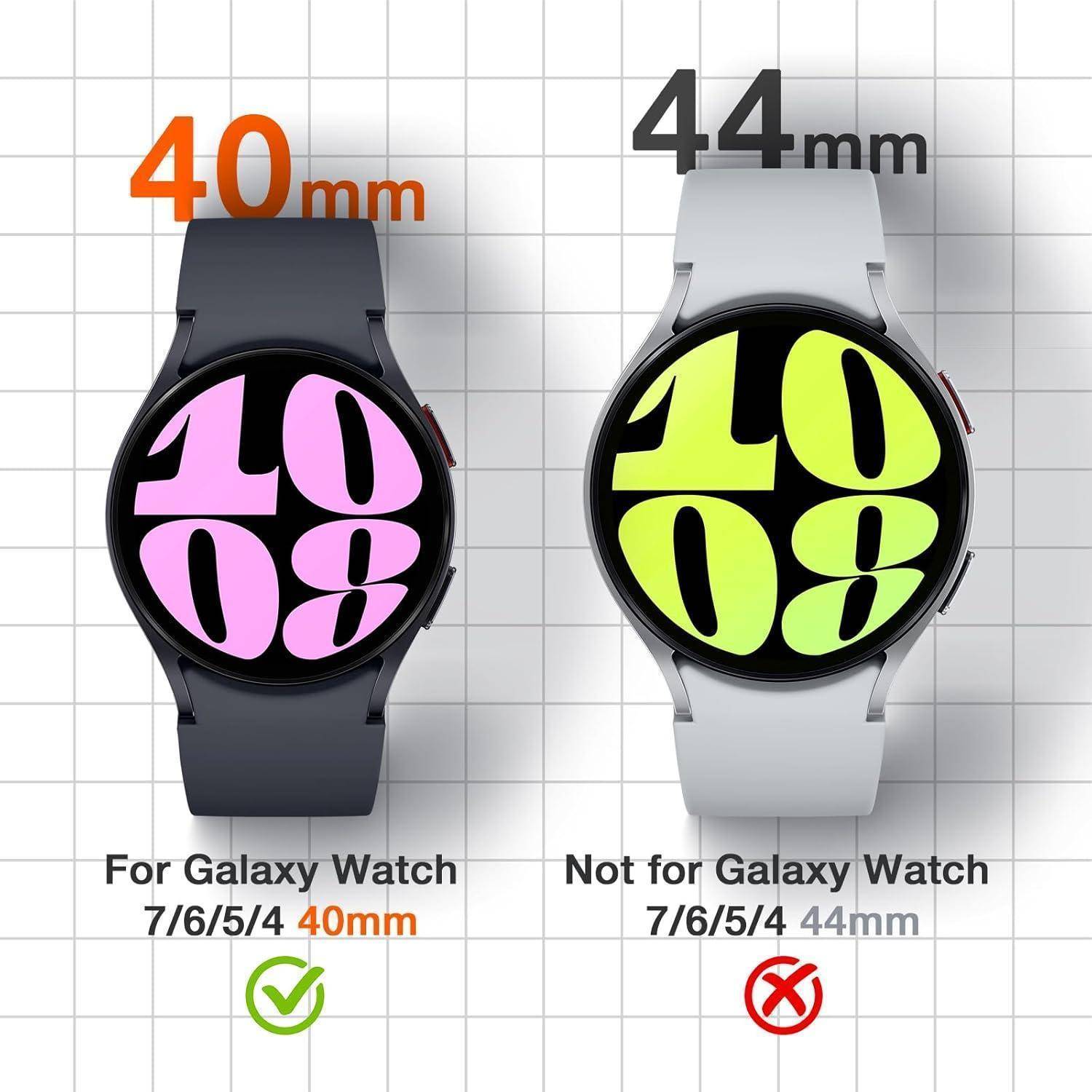 Zwei Smartwatches werden gezeigt. Die linke Uhr, kompatibel mit Galaxy Watch, hat ein Gehäuse von 40 mm. Die rechte Uhr hat ein Gehäuse von 44 mm und ist nicht für Galaxy Watch geeignet.