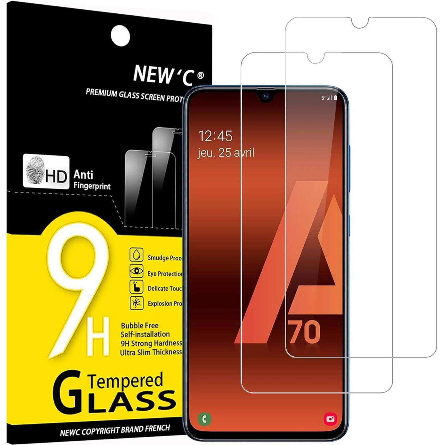 NEW'C' Premium Glasschutzfolie für Samsung A70, 9H Härte, fingerabdruckresistent, enthält zwei Stück. Verpackung sichtbar.