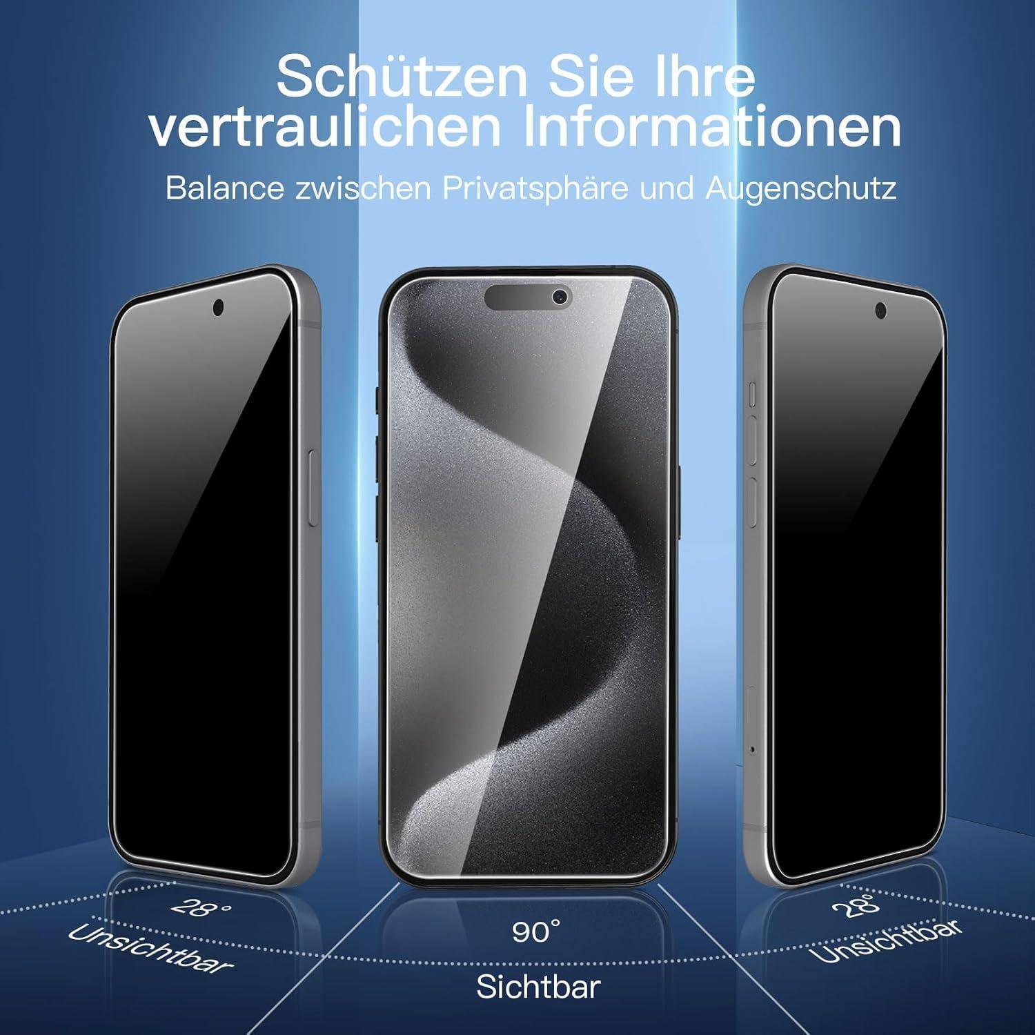 3er Set Blickschutz Panzerglas iPhone 15 Pro 6,1 Zoll