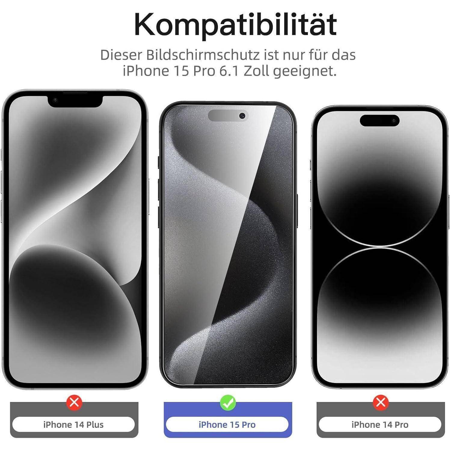 3er Set Blickschutz Panzerglas iPhone 15 Pro 6,1 Zoll
