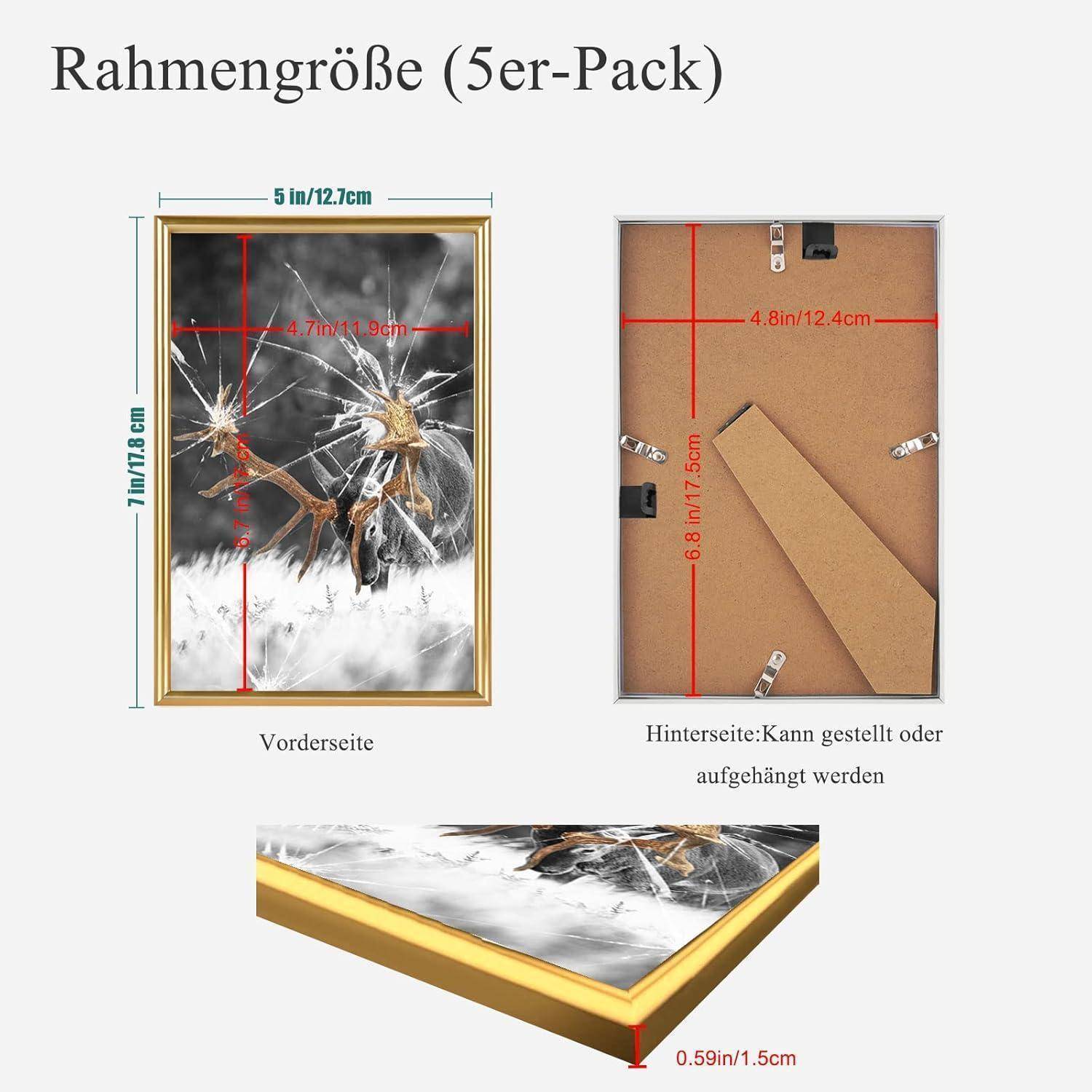 5er Set Gold Fotorahmen DIN 7'' Plexi-Glas Portraitrahmen für Fotos