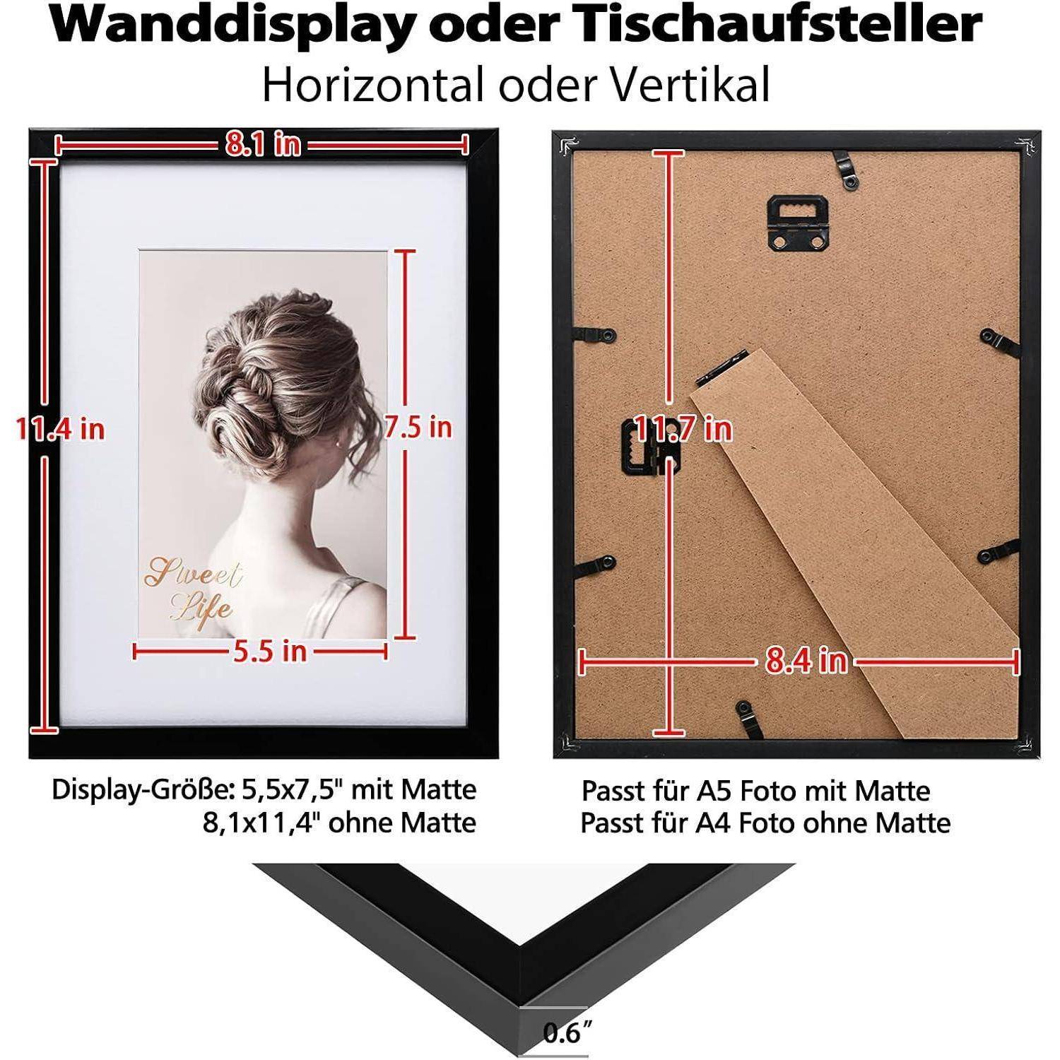 Wanddisplay oder Tischaufsteller' zeigt zwei Rahmen: einer zeigt ein Foto mit Abmessungen von 8,1 x 11,4 Zoll, und der andere eine Rückansicht für die horizontale und vertikale Nutzung mit Abmessungen von 8,4 x 11,7 Zoll.