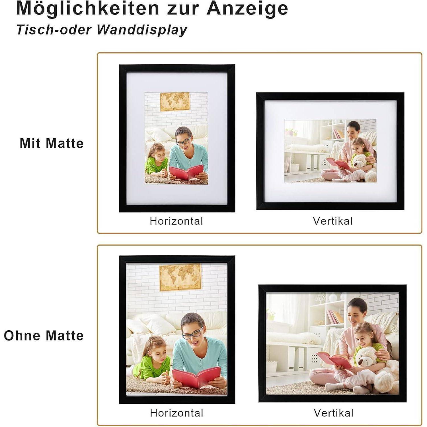 Zwei Bilderrahmen zeigen Anzeigeoptionen für Bilder mit oder ohne Passepartout in horizontaler und vertikaler Ausrichtung.