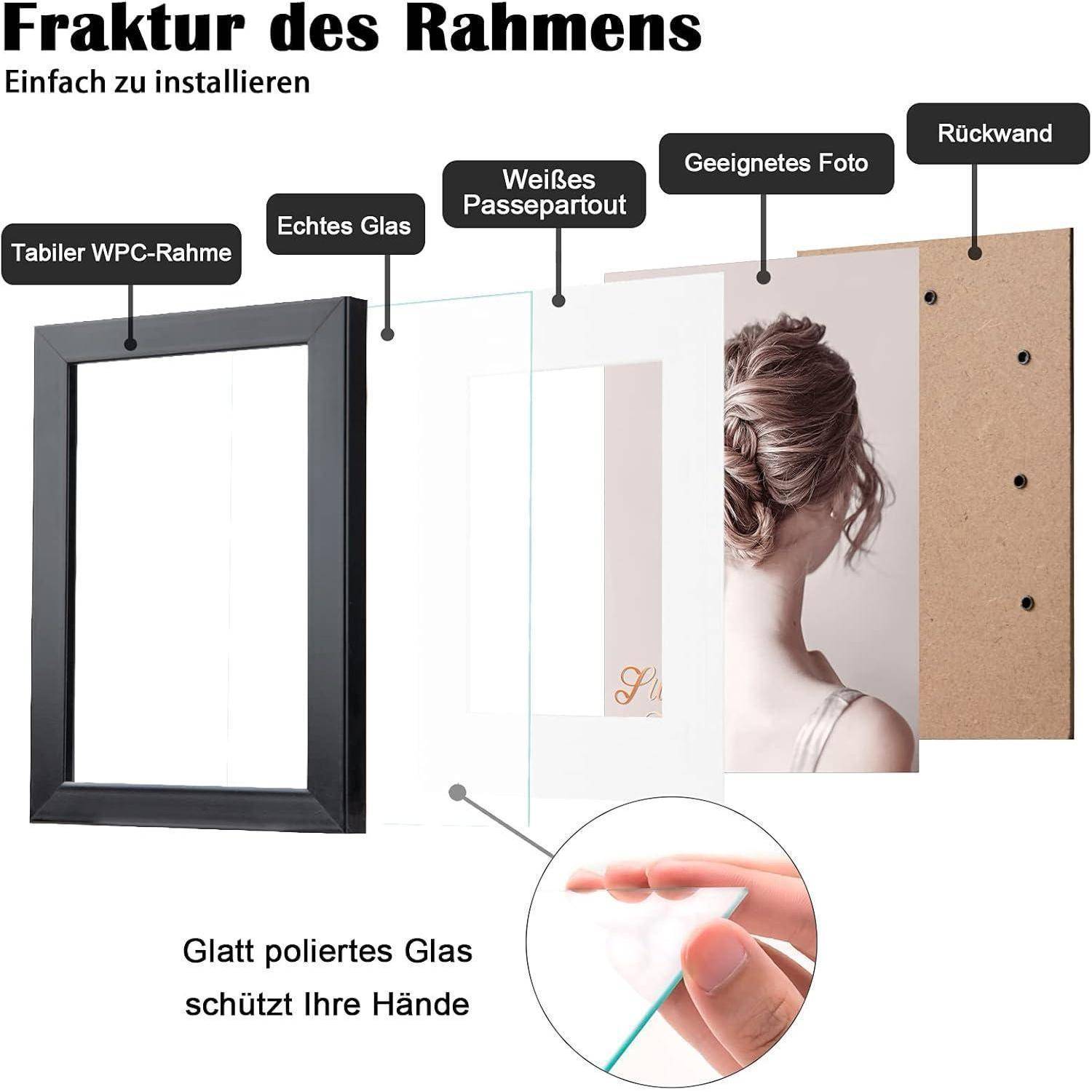 Bilderrahmen A4 Schwarz 4er-Set Echtes Glas 15x20cm Matt Horizontal