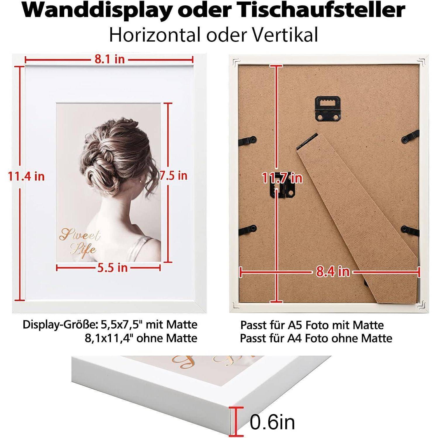 Das Bild zeigt eine weiße Rahmenansicht mit verschiedenen Abmessungen für Fotogrößen und gibt Optionen für horizontale oder vertikale Montage an.