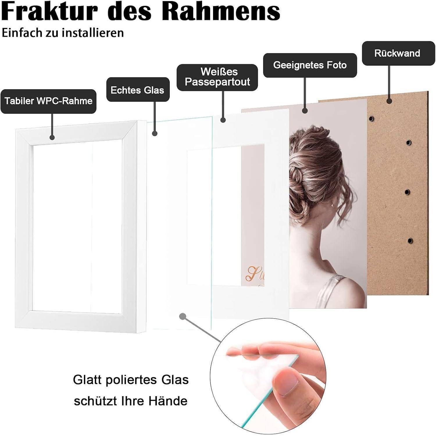 Die Abbildung zeigt die Komponenten eines Bilderrahmens, einschließlich eines weißen WPC-Rahmens, Echtglas, weißer Passepartout, passendem Foto und Rückwand und verdeutlicht die einfache Montage.