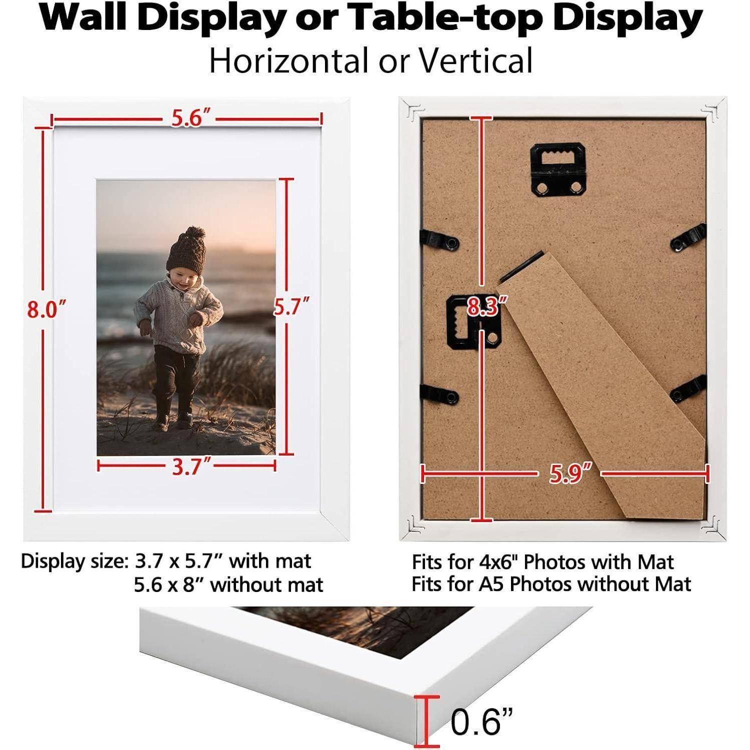Wanddisplay oder Tischaufsteller, horizontal oder vertikal, weißer Bilderrahmen mit Kinderfoto gezeigt. Abmessungen angegeben.