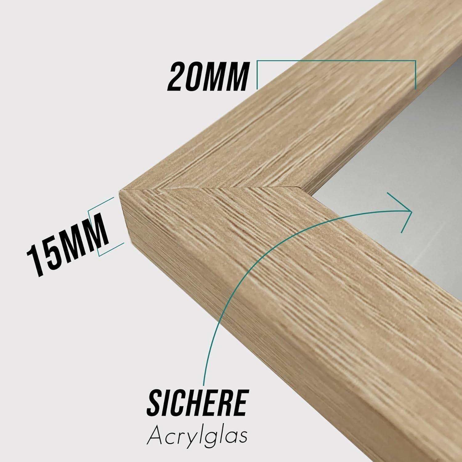 Ecke eines Holzrahmens mit einer Breite von 15 mm und einer Tiefe von 20 mm, ausgestattet mit 'Sicherem Acrylglas'.