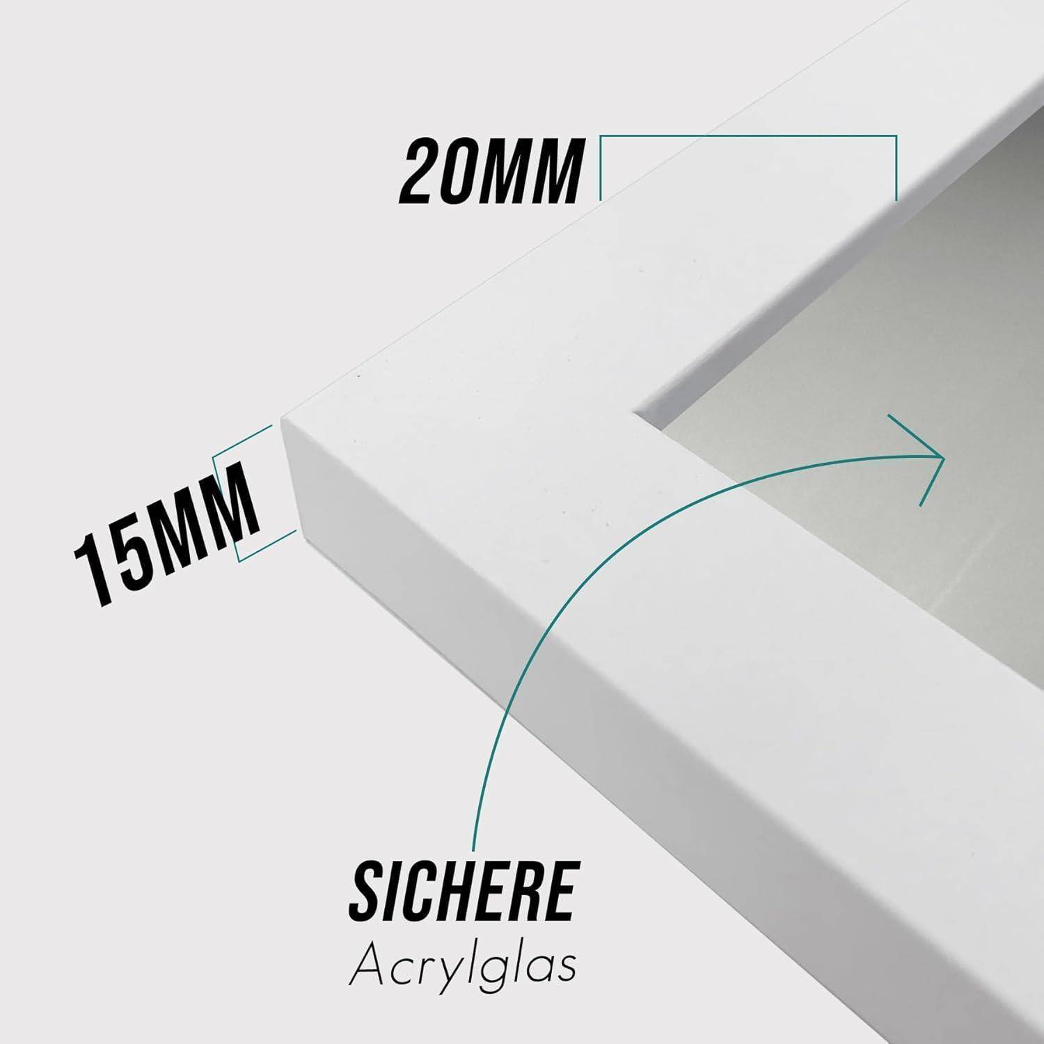 Ecke eines Bilderrahmens mit Maßangaben: obere Kante 20 mm, seitliche Kante 15 mm. Beschriftung 'Sichere Acrylglas' zeigt das verwendete Material.