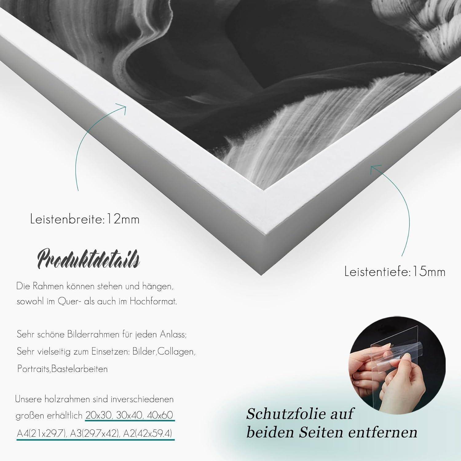 Eine Nahaufnahme einer Bilderrahmenecke mit Abmessungen: 'Leistenbreite: 12 mm', 'Leistentiefe: 15 mm'. Der Text betont Vielseitigkeit und Schutz.