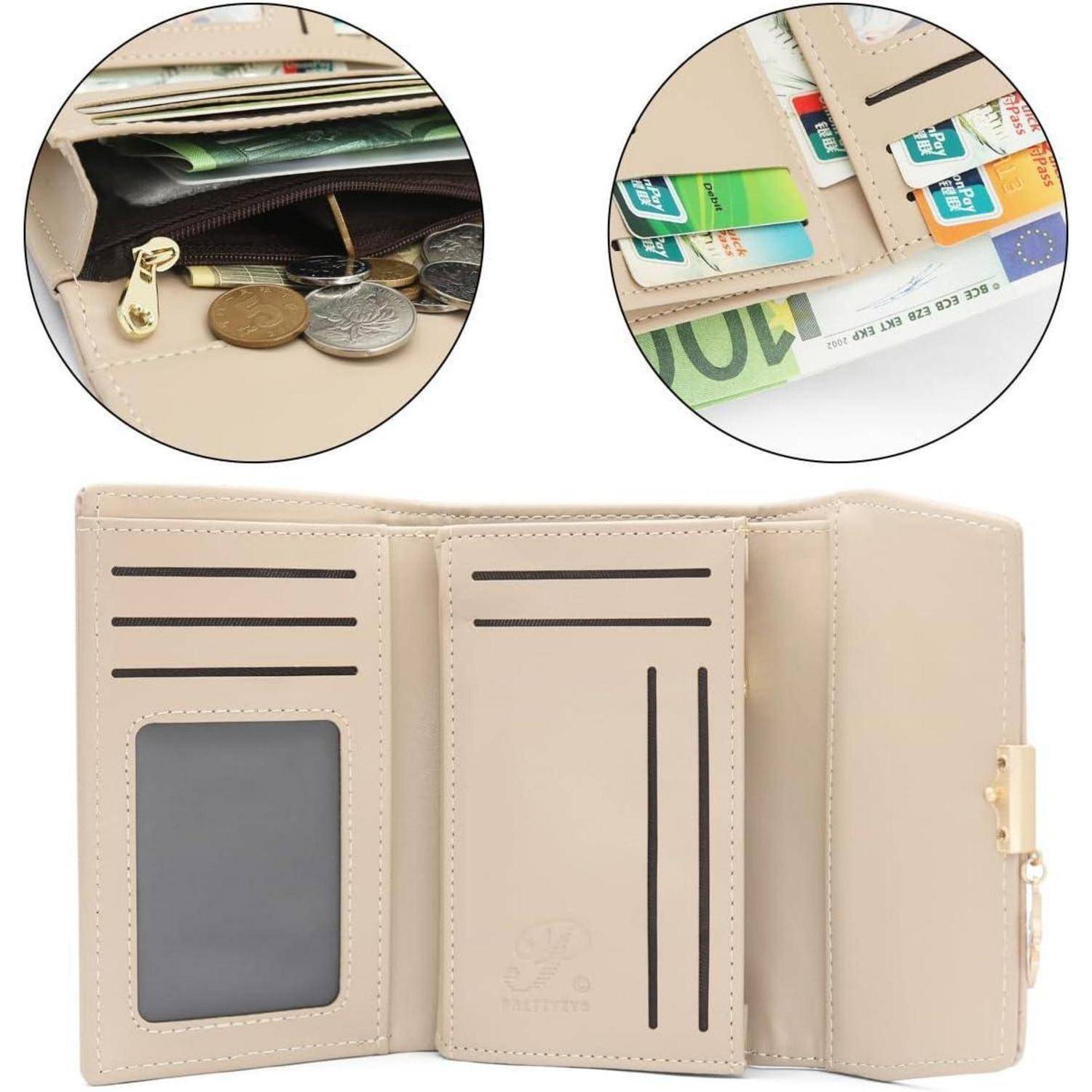 Eine beige Lederbörse, geöffnet, die Fächer für Kreditkarten, Geldscheine und ein Reißverschluss-Münzfach zeigt, mit Einblick und Seitenansicht.