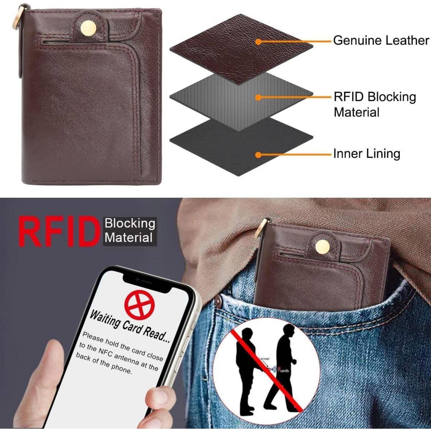 Herren Geldbörse RFID Schutz Echtes Leder mit Kette Münzfach 14