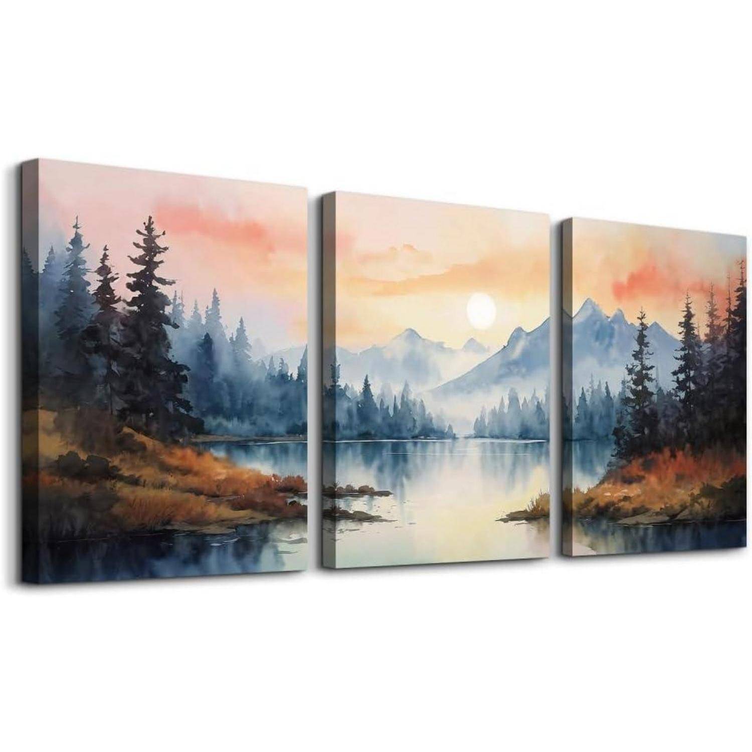 Ein Triptychon einer friedlichen Berglandschaft bei Sonnenuntergang, das einen ruhigen See, Kiefern und ferne Berge unter einem farbenfrohen Himmel zeigt.