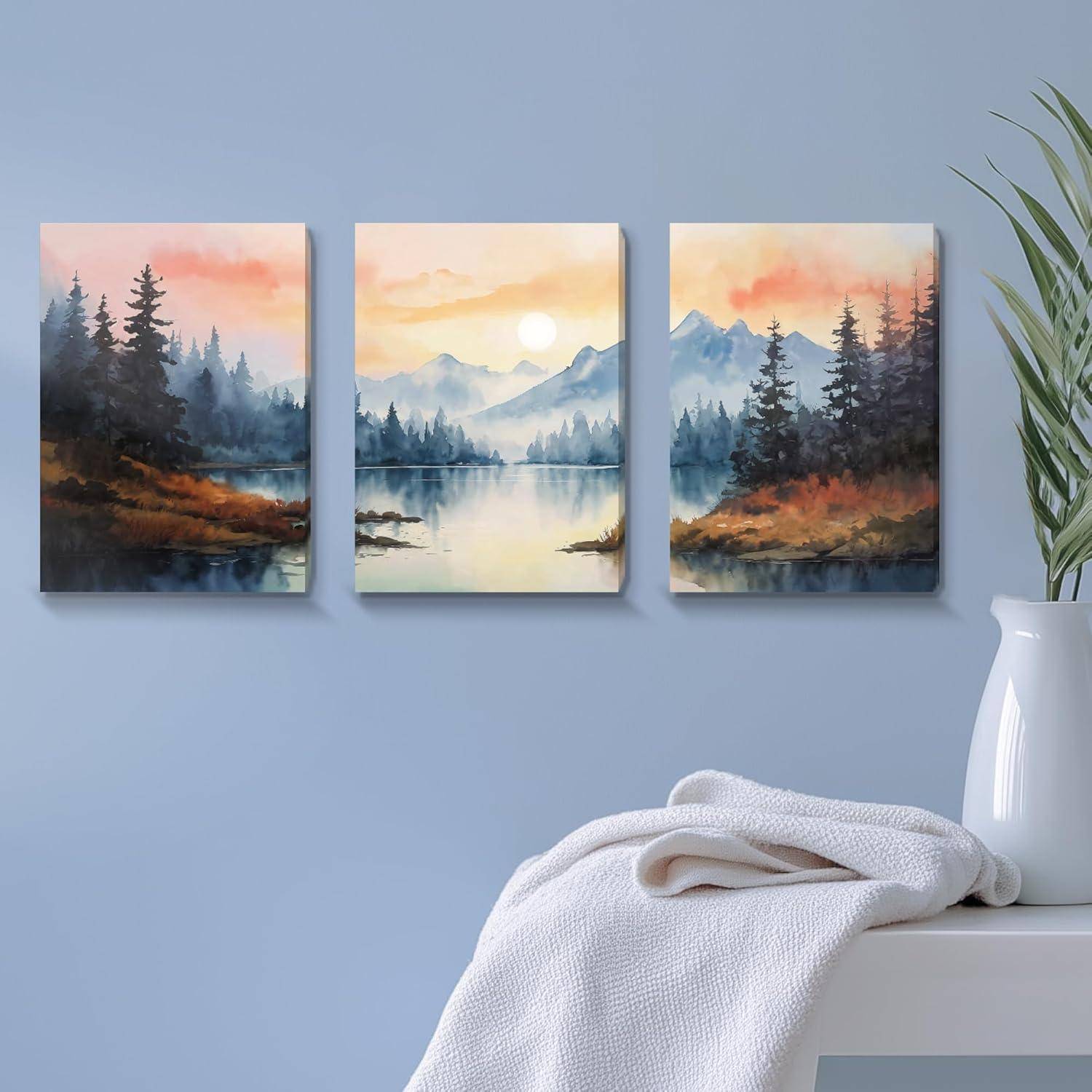 Aquarell Wald Leinwand Bilder Set Sonnenuntergang See Schlafzimmer