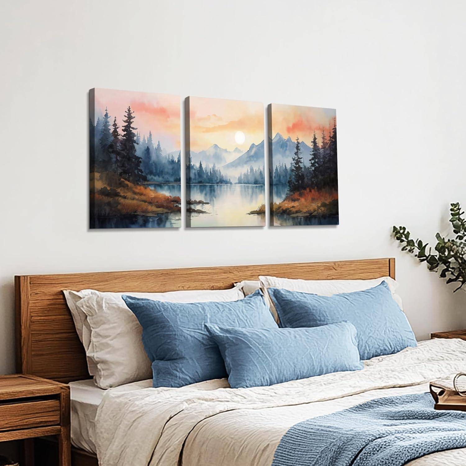 Aquarell Wald Leinwand Bilder Set Sonnenuntergang See Schlafzimmer