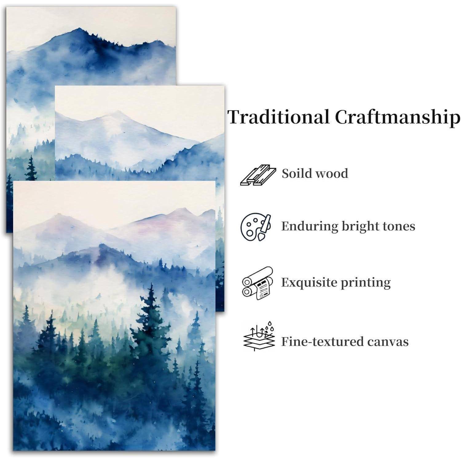 Drei Aquarellgemälde zeigen neblige blaue Berge und Kiefernbäume. Der Text lautet: 'Traditionelles Handwerk: Massivholz, Dauerhafte helle Töne, Exquisiter Druck, Feinstrukturierte Leinwand.