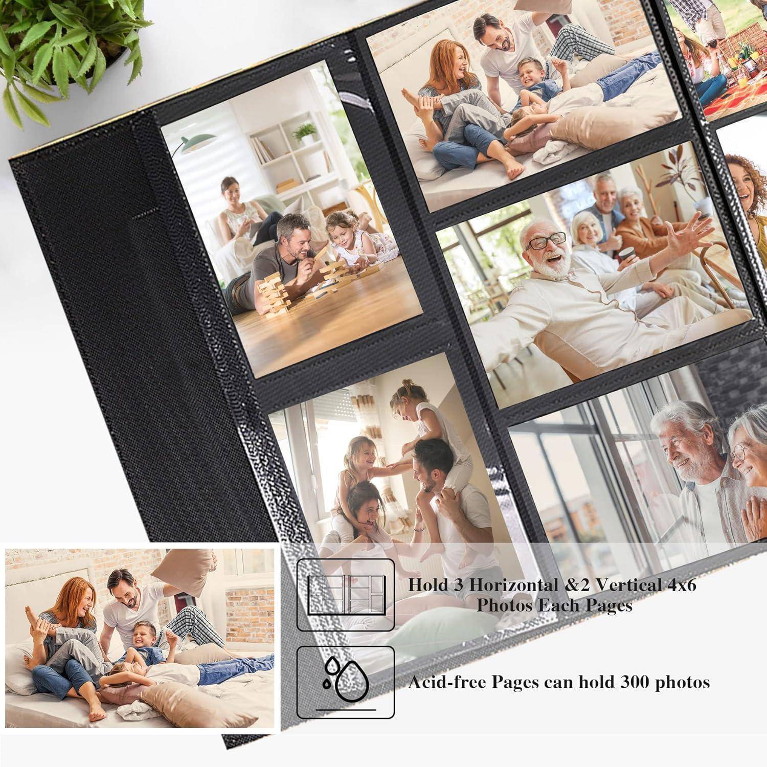 Ein Fotoalbum, das geöffnet verschiedene Familienfotos zeigt; enthält eine Beschriftung mit der Anweisung ‚Halte 3 horizontale und 2 vertikale 10x15 cm Fotos pro Seite'.