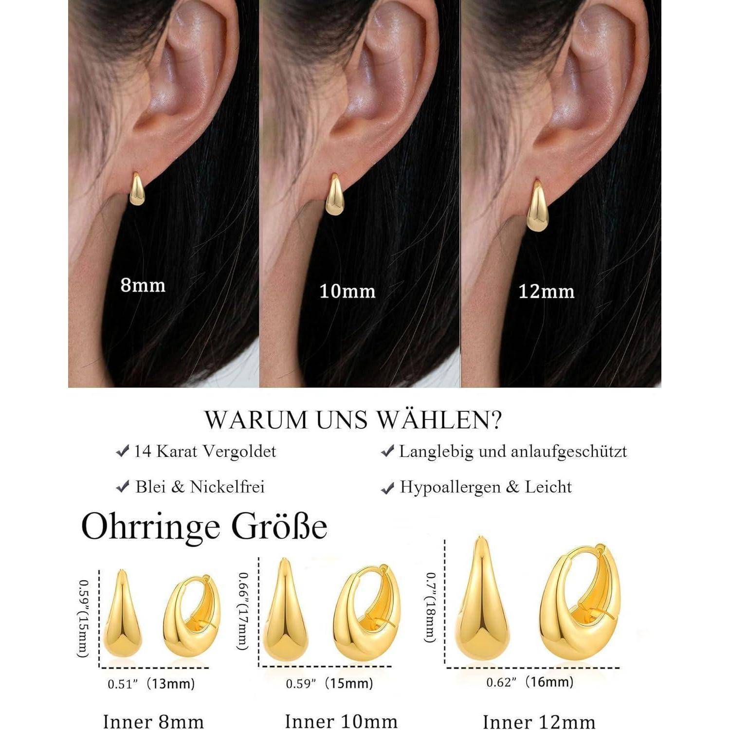 3 Paar Creolen Silber 925 Gold Damen Ohrringe Set 14K Vergoldet Mini