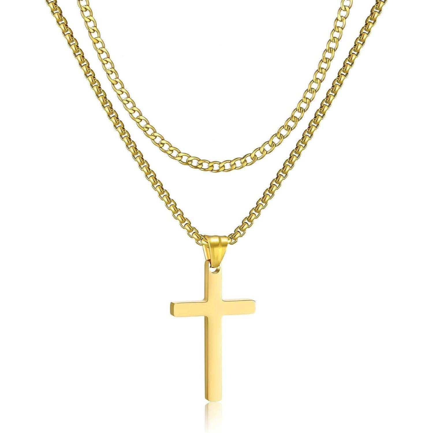Kreuz Kette Herren Edelstahl Silber/Gold/Schwarz Layered Kubanische
