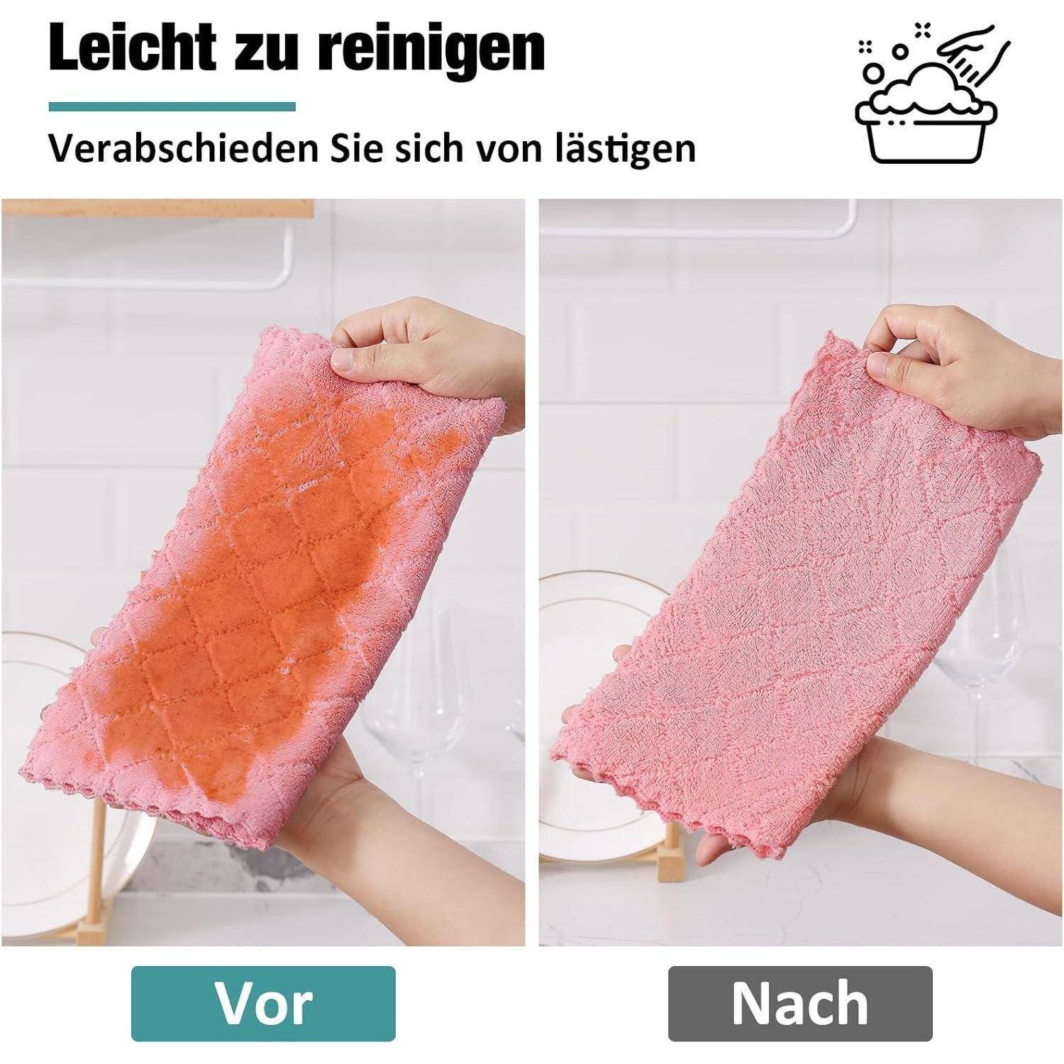 Zwei Bilder, die einen Stoff vor und nach der Reinigung vergleichen. Der linke Stoff erscheint schmutzig, und der rechte Stoff sieht sauber aus. Text lautet: 'Leicht zu reinigen'.