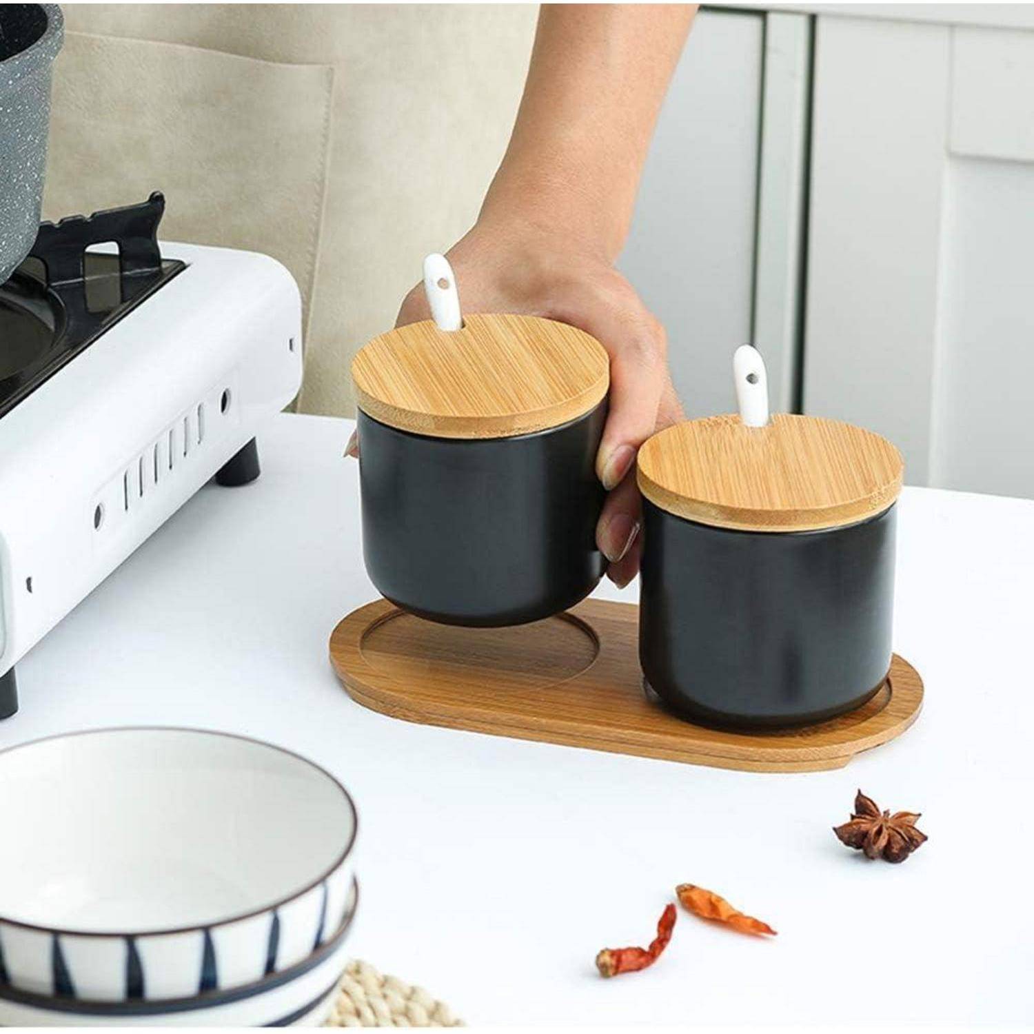 Gewürzdosen Keramik 2er Set Zuckerdose Salztopf 10cm Schwarz und Weiß