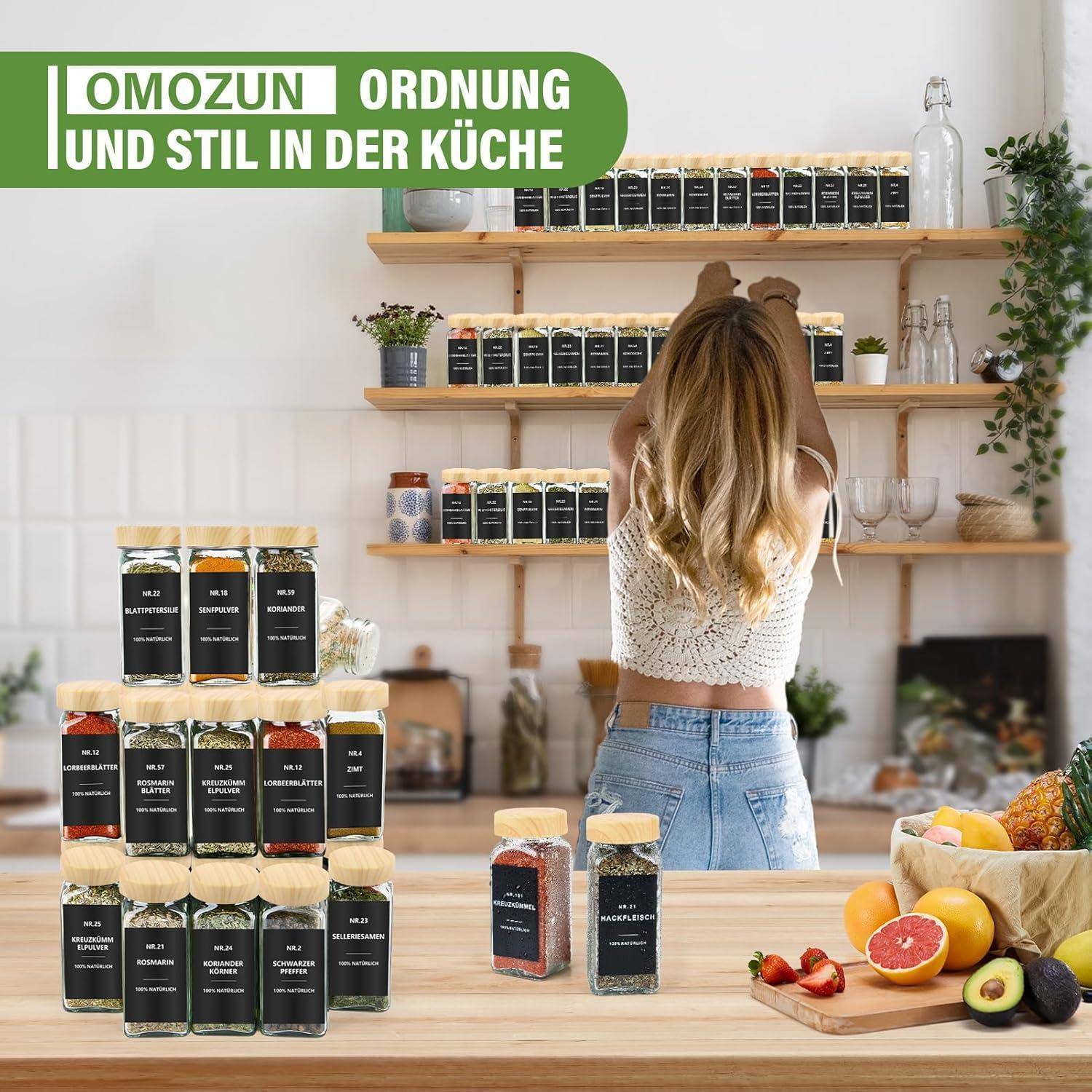 Gewürzgläser Eckig Glas 120ml 24er Streueinsatz Holzmaserung 24er set