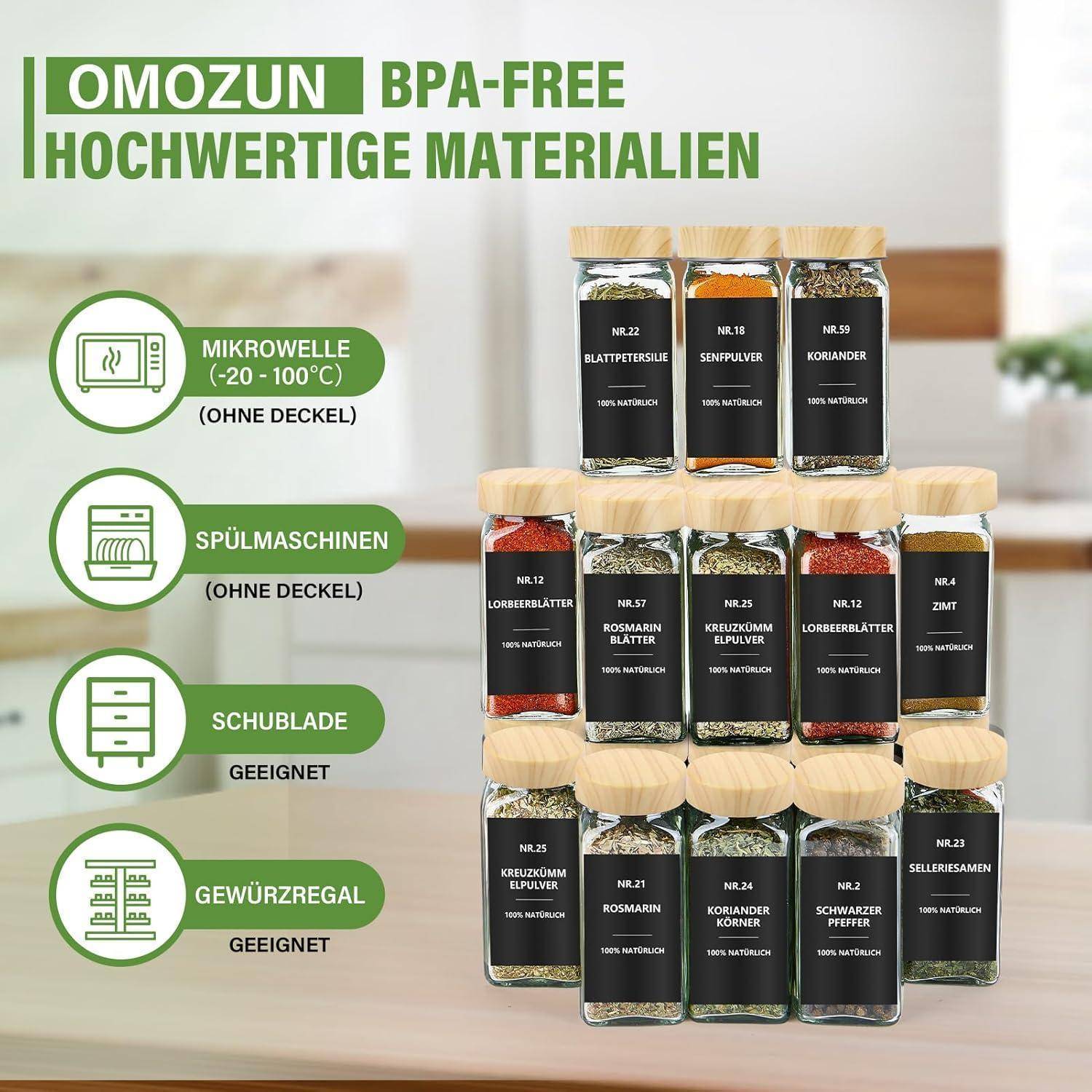 Gewürzgläser Eckig Glas 120ml 24er Streueinsatz Holzmaserung 24er set