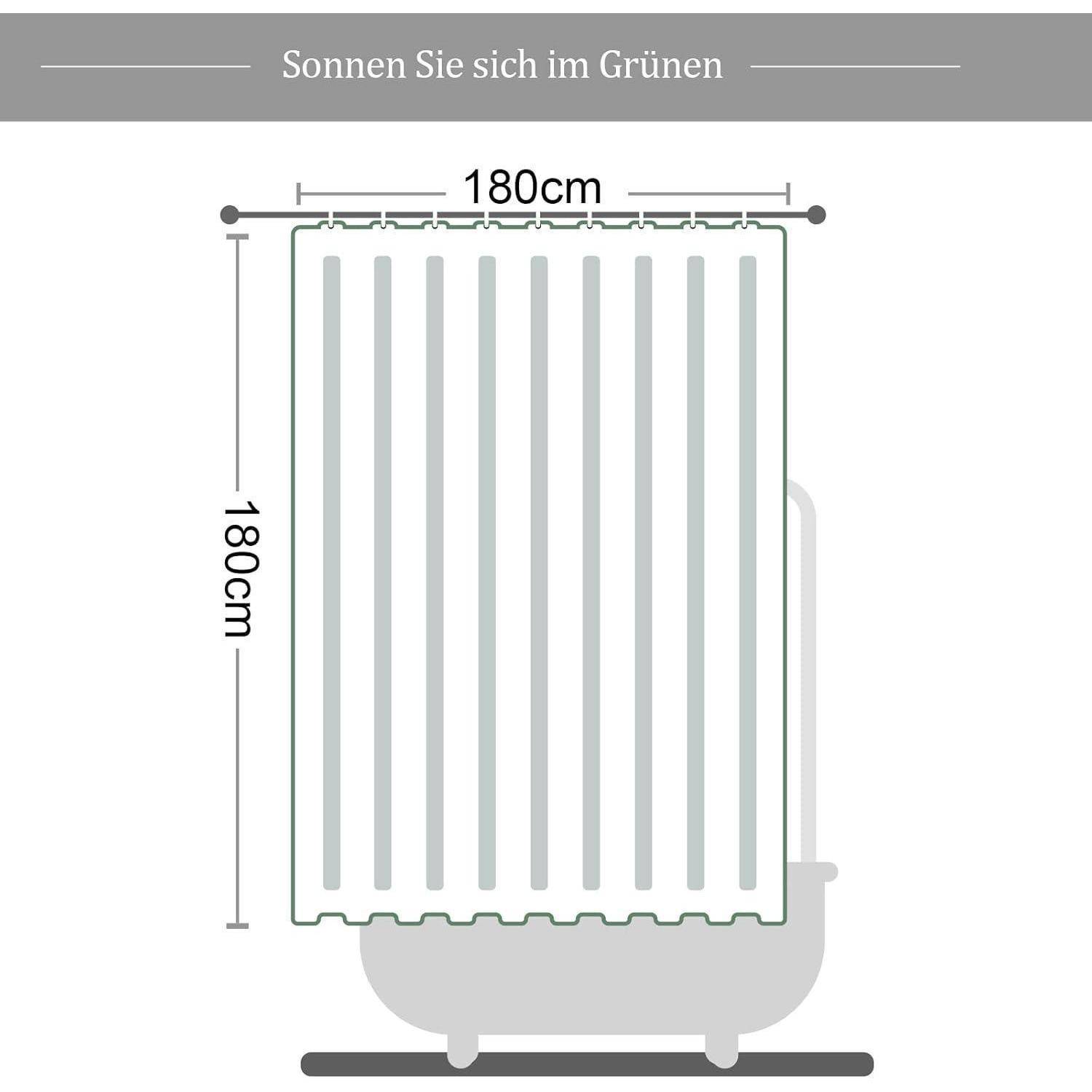 Duschvorhang mit einer Höhe und Breite von 180 cm, der vor einem hellgrauen Hintergrund präsentiert wird, mit dem Text 'Sonnen Sie sich im Grünen' darüber.