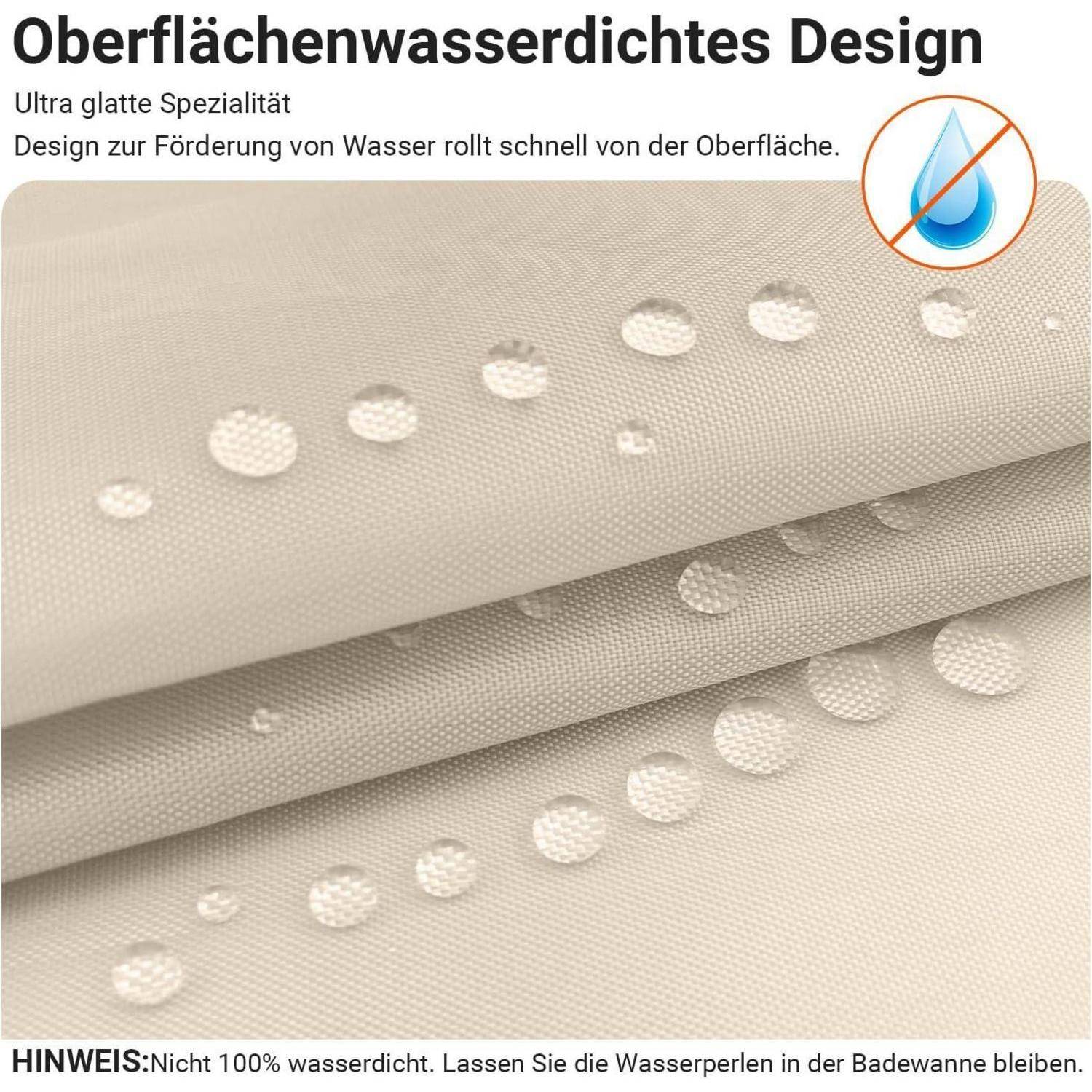 Bild von Wassertropfen auf einer beigen Stoffoberfläche, die das wasserabweisende Design veranschaulicht. Deutscher Text erklärt, dass Wasser schnell abperlt.