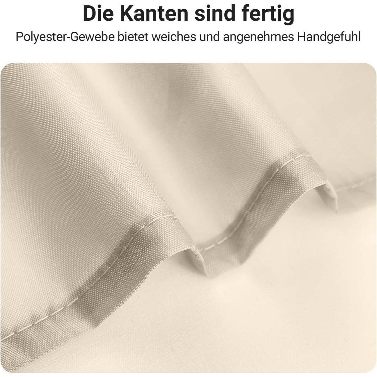 Das Bild zeigt ein Stück Stoff mit genähten Kanten und veranschaulicht den Text auf Deutsch: „Die Kanten sind fertig.