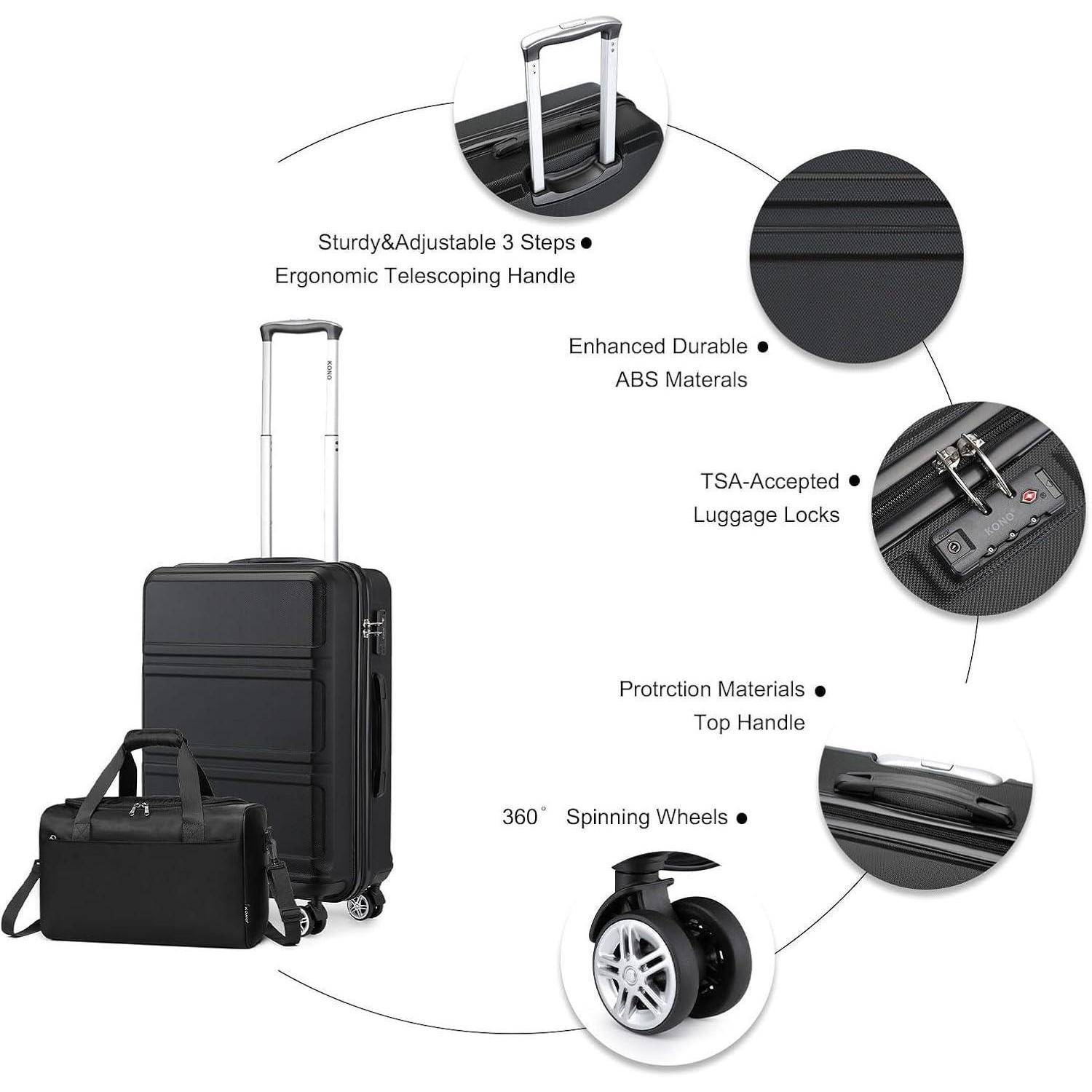 KONO Handgepäck-Koffer Trolley Set 2 Teilig, Schwarz 55cm
