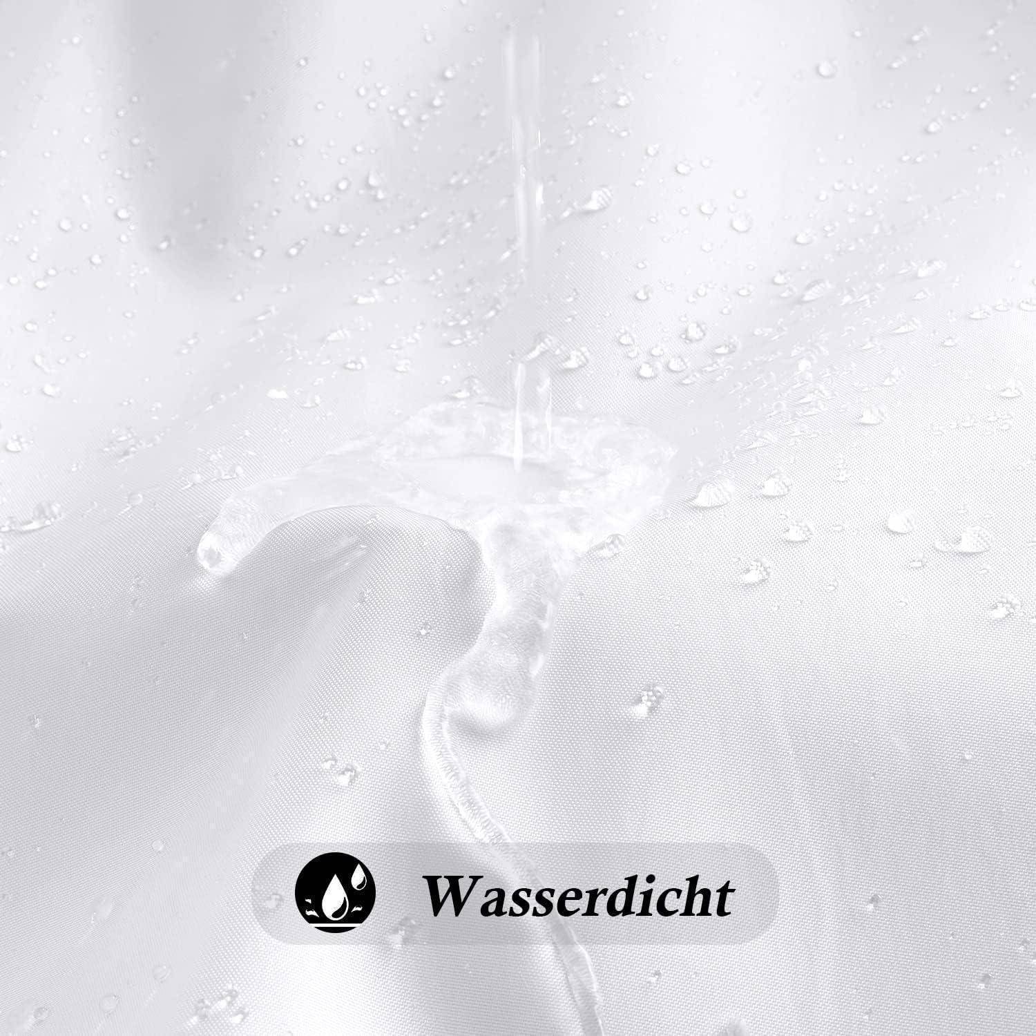 Wasser spritzt auf einen weißen Stoff, ohne einzusickern und demonstriert seine Wasserdichtigkeit. Unterhalb befindet sich ein Icon mit dem Text „Wasserdicht