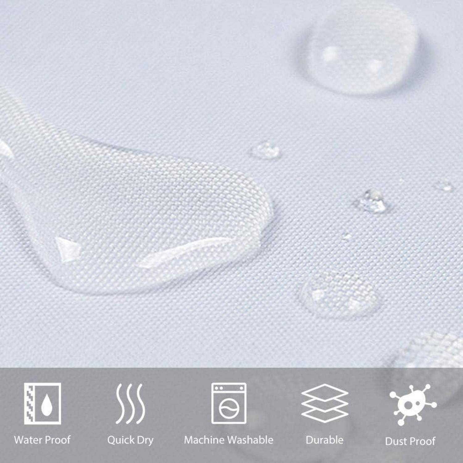 Wassertropfen auf einer Stoffoberfläche veranschaulichen Eigenschaften: wasserdicht, schnelltrocknend, maschinenwaschbar, strapazierfähig und staubabweisend.