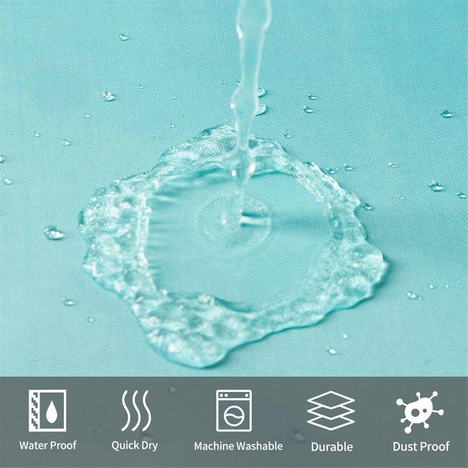 Wasser, das auf einen türkisfarbenen Stoff gegossen wird und dabei seine wasserdichte, schnell trocknende, waschmaschinengeeignete, strapazierfähige und staubabweisende Eigenschaften hervorhebt.