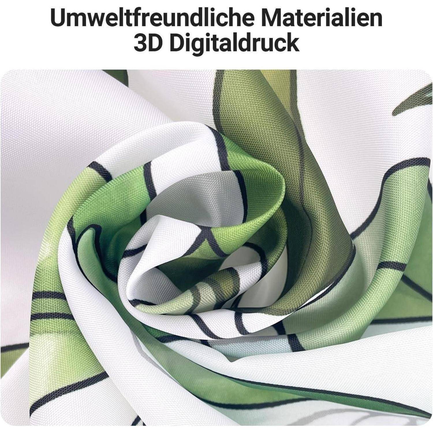 Aufgerolltes Gewebe mit detailliertem grün-weißem Muster. Text lautet: 'Umweltfreundliche Materialien 3D-Digitaldruck.