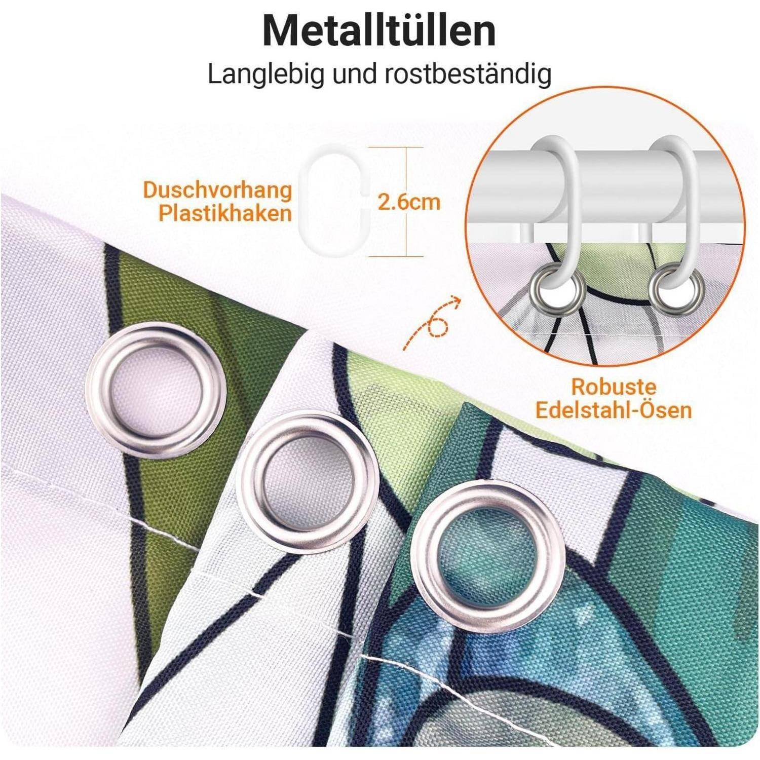 Duschvorhang mit Metallösen für Langlebigkeit und Rostbeständigkeit; ausgestattet mit robusten Edelstahlringen für einfaches Aufhängen.