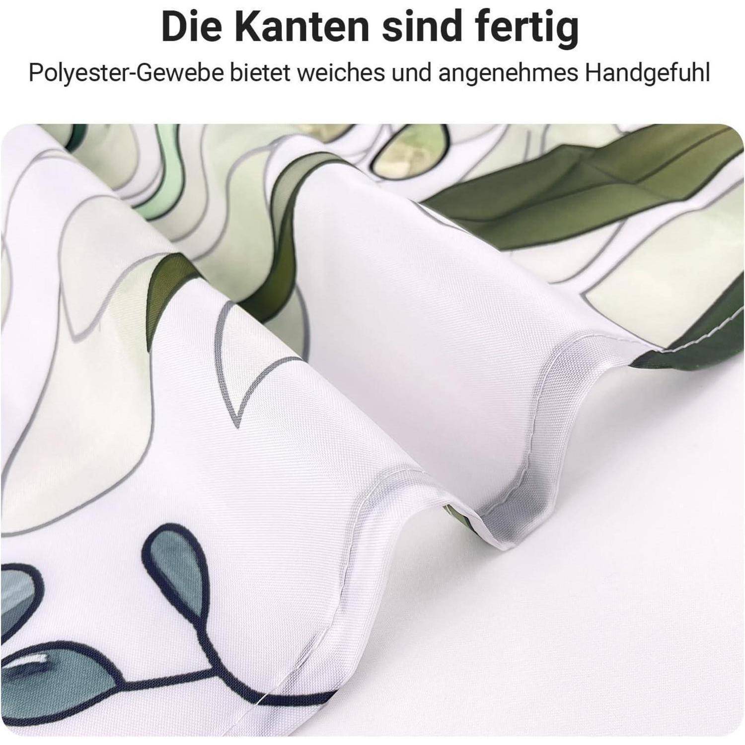 Nahaufnahme des Stoffrands mit Naturmuster. Deutsche Beschriftung lautet: „Die Kanten sind fertig