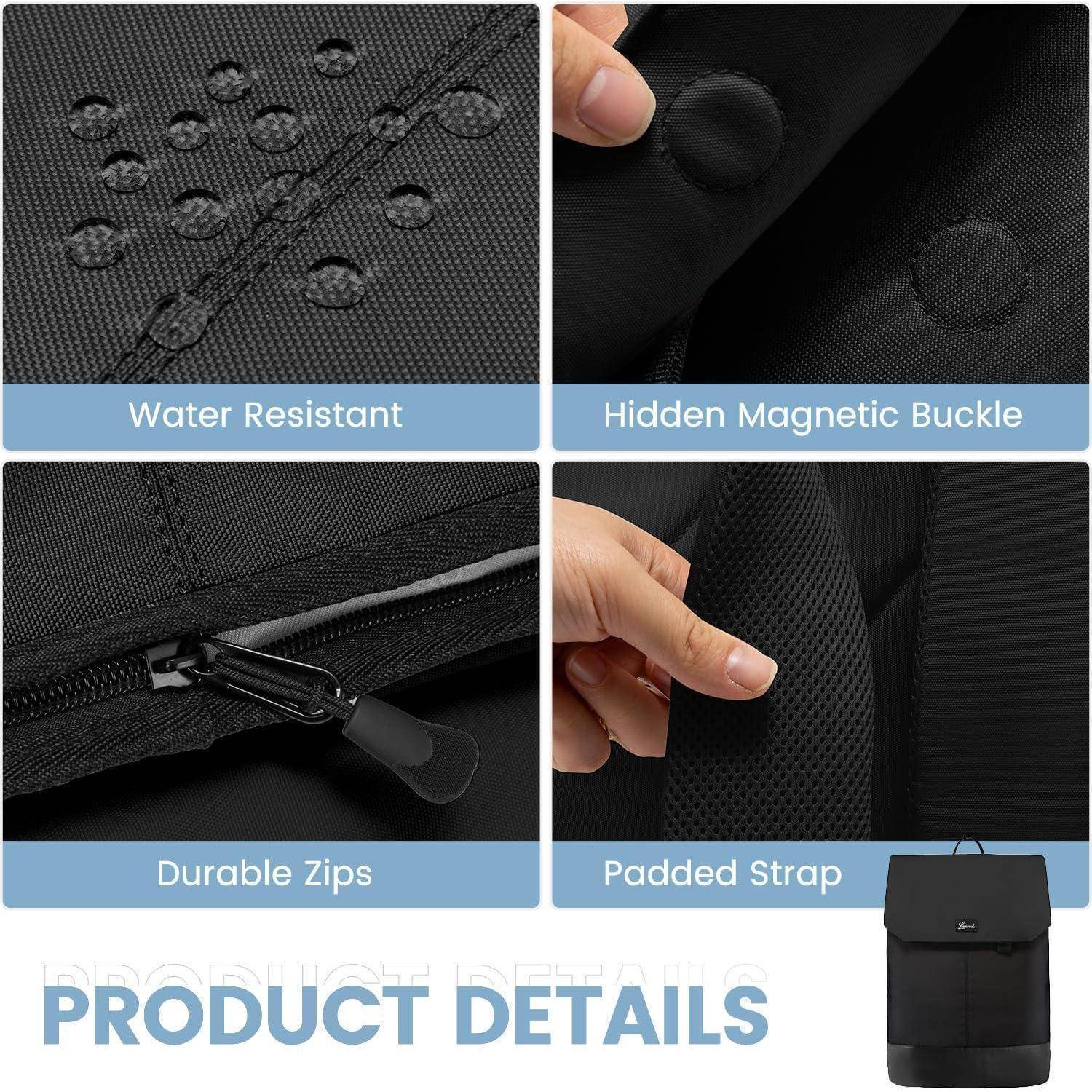 Produktdetails': Vier Nahaufnahmen zeigen einen wasserabweisenden Stoff, eine versteckte magnetische Schnalle, strapazierfähige Reißverschlüsse und einen gepolsterten Gurt eines Rucksacks.