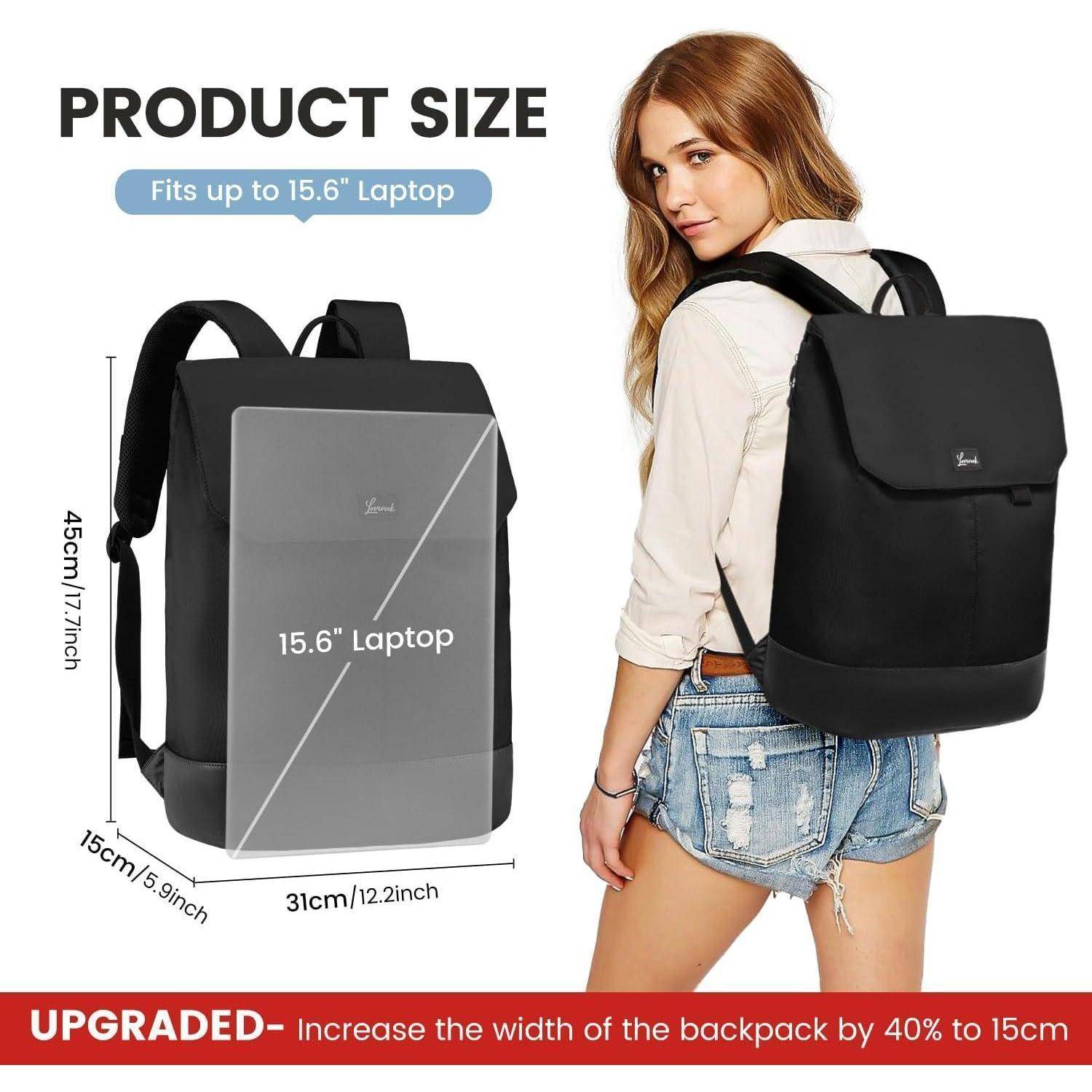Rucksack passt für Laptops bis zu 15,6 Zoll, Abmessungen 45 cm x 31 cm x 15 cm. Um 40% verbreitert. Model trägt den Rucksack.
