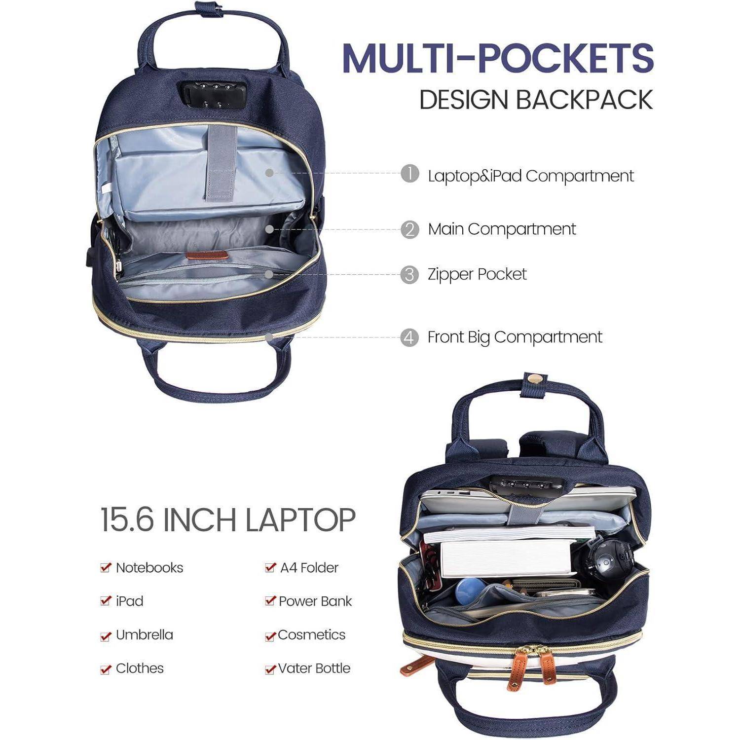 Rucksack mit Multitaschen-Design und Fächern für Laptop, Hauptfach, Reißverschlussfach und Vordertasche. Geeignet für Laptops bis 15,6 Zoll, Notizbücher, iPad und Regenschirm.