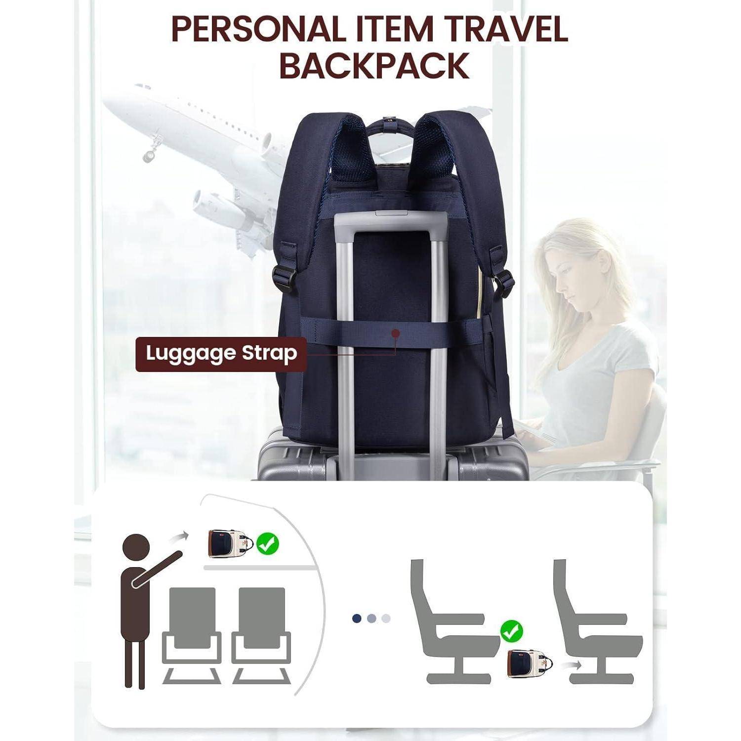 Reise-Rucksack für persönliche Gegenstände mit Gepäckgurt, der am Griff eines Koffers befestigt ist. Darunter eine Illustration, die zeigt, wie der Rucksack unter einem Flugzeugsitz passt.