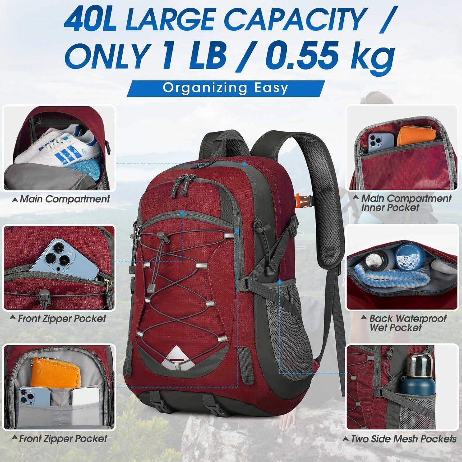 Ein roter Rucksack mit der Aufschrift '40L Großes Fassungsvermögen, Nur 1 Pfund/0,55 kg'. Merkmale sind Hauptfach, Vordertasche, wasserdichte Tasche und Seitentaschen.