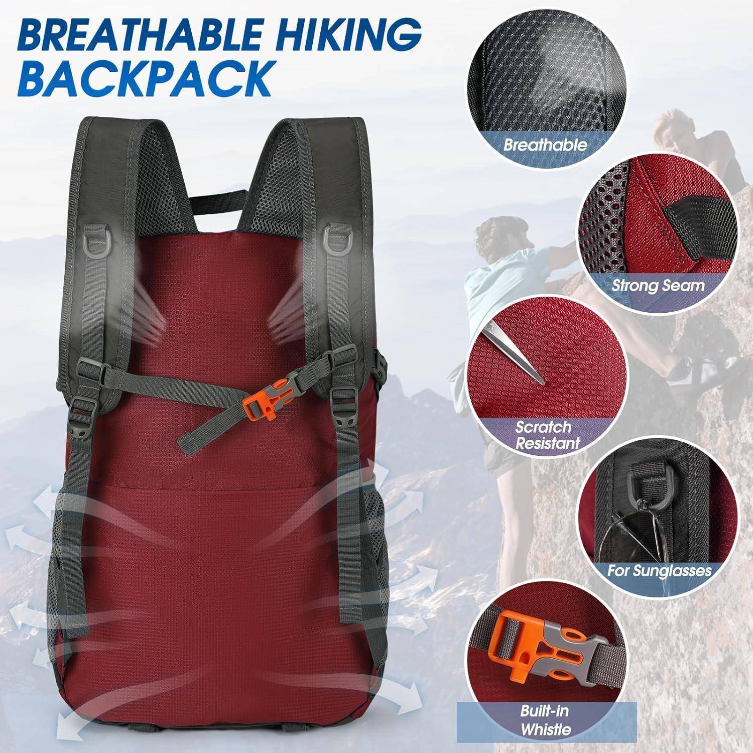Ein roter und grauer Wanderrucksack mit folgenden Eigenschaften: atmungsaktiver Rücken, verstärkte Nähte, Kratzfestigkeit, Sonnenbrillenhalterung und integrierte Trillerpfeife.