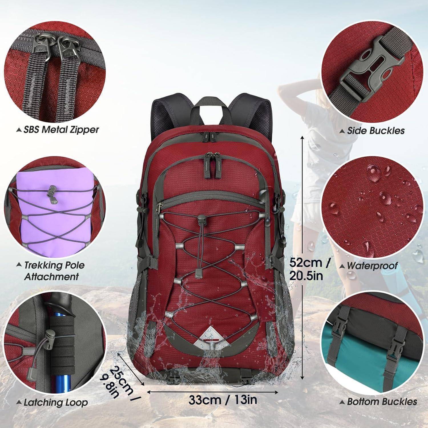 Roter Wanderrucksack mit SBS-Metallreißverschluss, seitlichen Schnallen, Befestigungsschlaufen, Wanderstock-Befestigungsmöglichkeit, Bodenschnallen; wasserdicht; 52 cm x 33 cm x 25 cm.