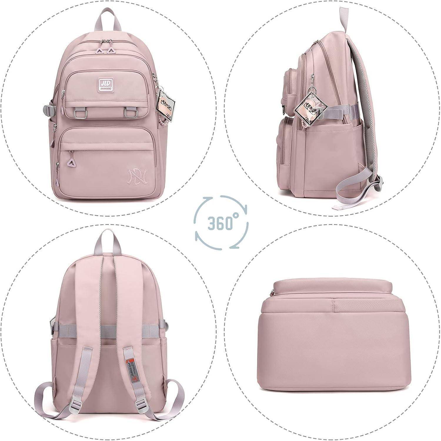 Pinker Rucksack, von vorne, von der Seite, von hinten und von unten gezeigt. Ausgestattet mit mehreren Fächern, verstellbaren Trägern und einem Tragegriff.