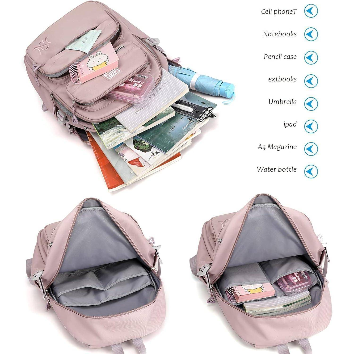 Rosa Rucksack mit Fächern; Inhalt umfasst eine Wasserflasche, Federtasche, Bücher, Notizbücher, Tablet, Regenschirm und A4-Magazin.