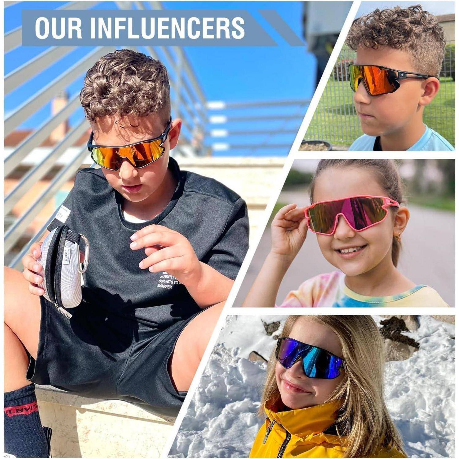 Unser Influencer-Kollage mit vier Kindern, die bunte reflektierende Sonnenbrillen in verschiedenen Außenumgebungen tragen.
