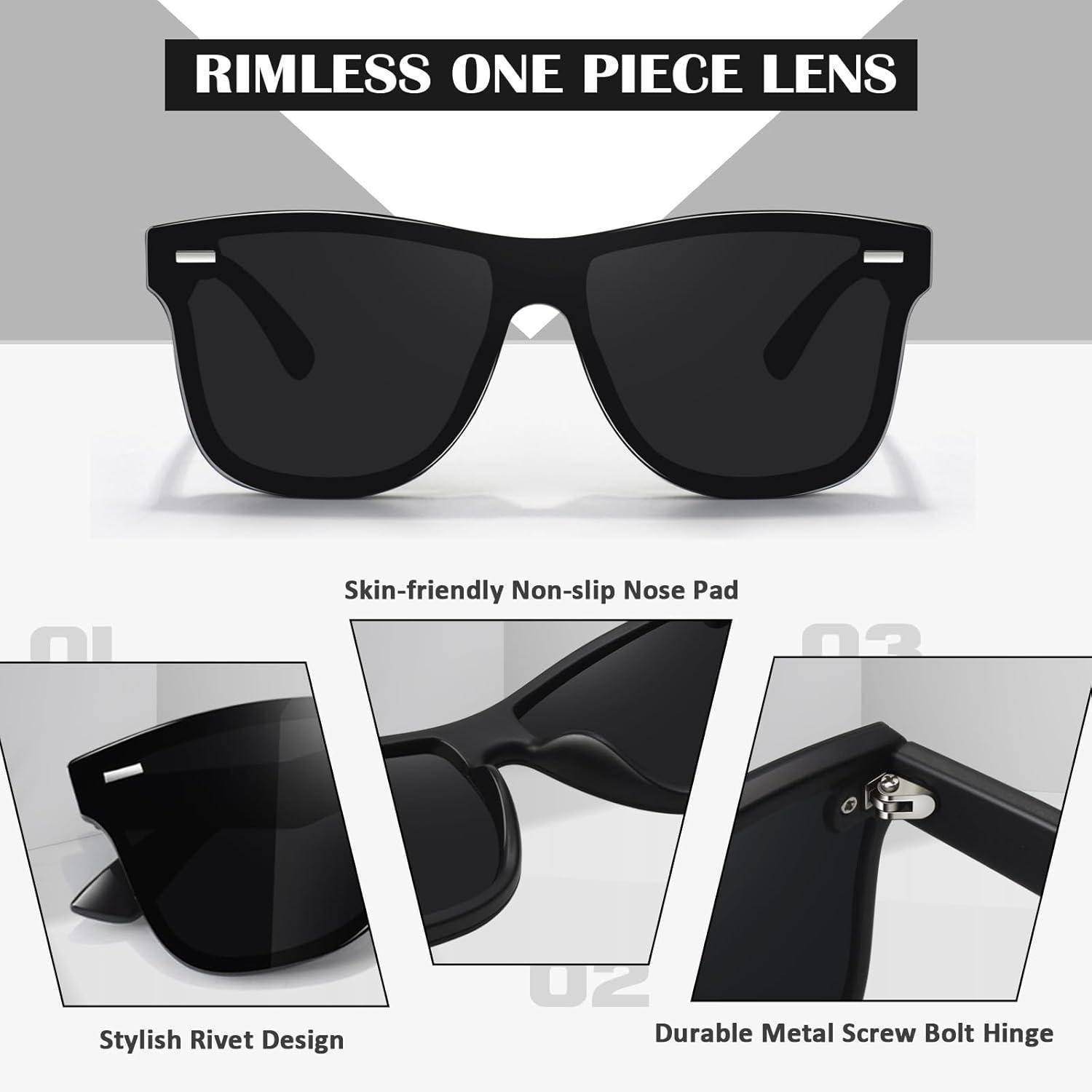 Sonnenbrille mit randloser Einzel-Linse, bequemem Nasensteg, stilvollem Nietendesign und robustem Metallschraubbolzenscharnier.