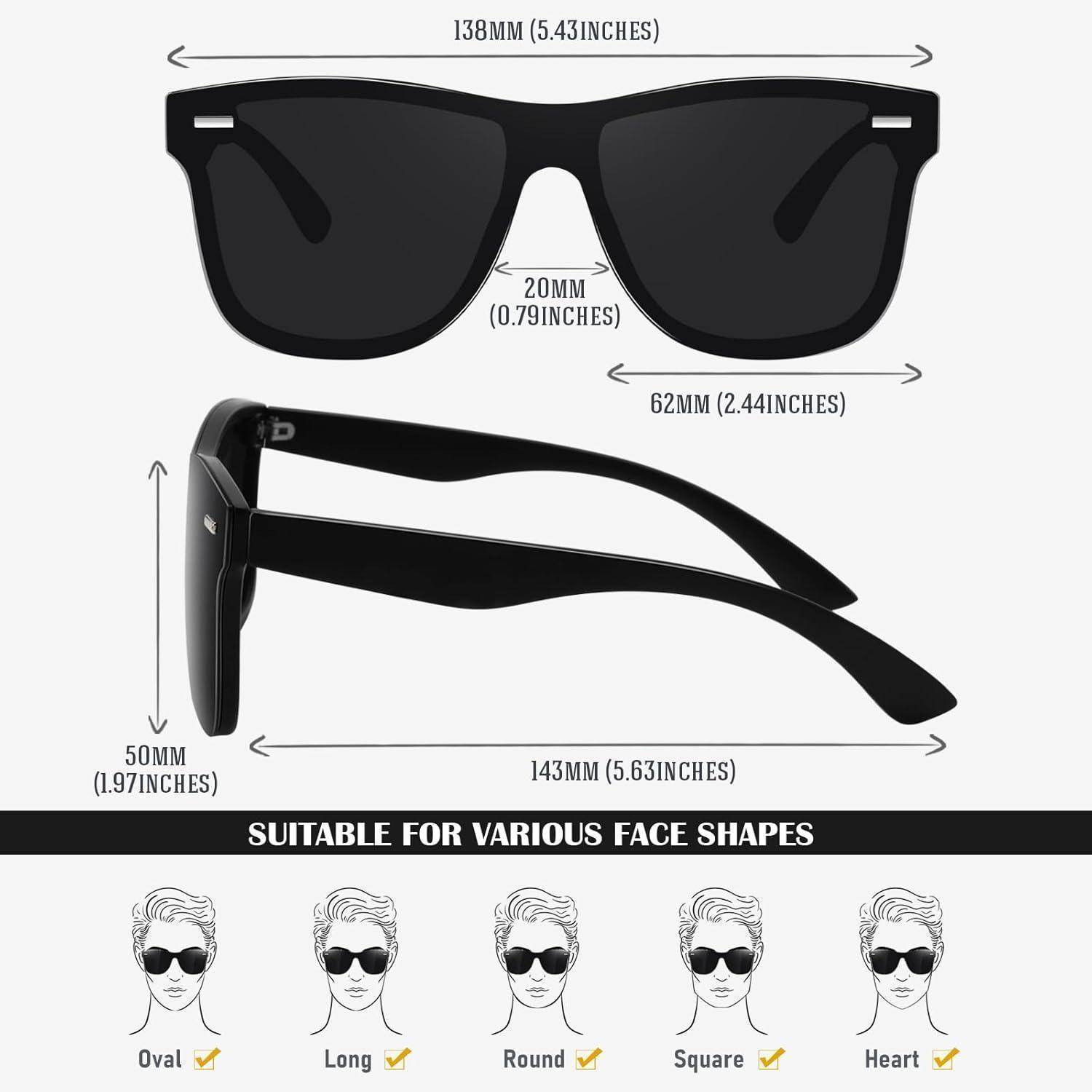 Schwarze Sonnenbrille mit Abmessungen: 138 mm Breite, 20 mm Nasensteg, 62 mm Linsendurchmesser und 143 mm Bügellänge. Geeignet für ovale, lange, runde, eckige und herzförmige Gesichtsformen.